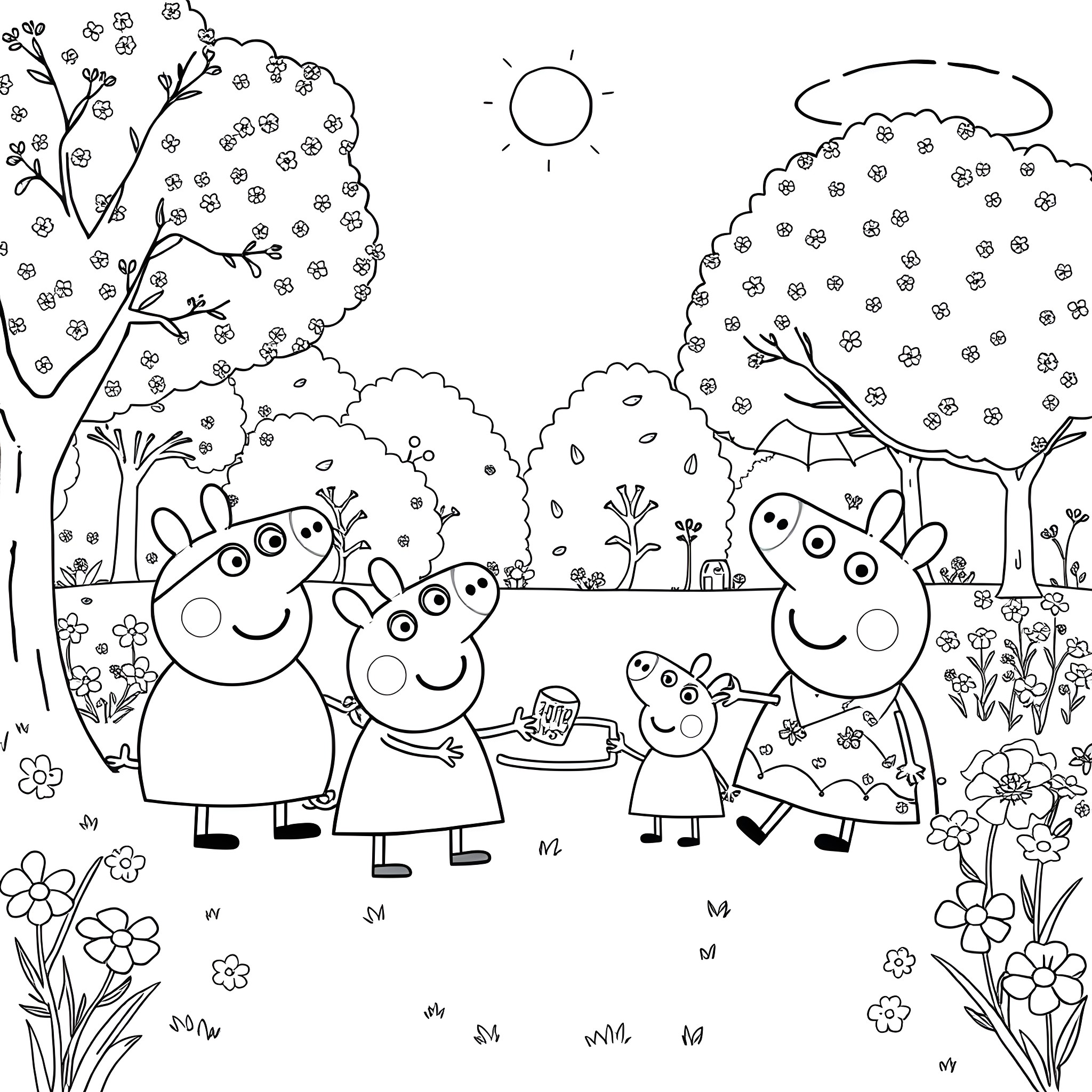 Peppa Pig and family enjoying a sunny day outdoors Coloring Page (free black-and-white line drawing printable PDF for all, from beginners to advanced learners, including children, teens, adults, and seniors)