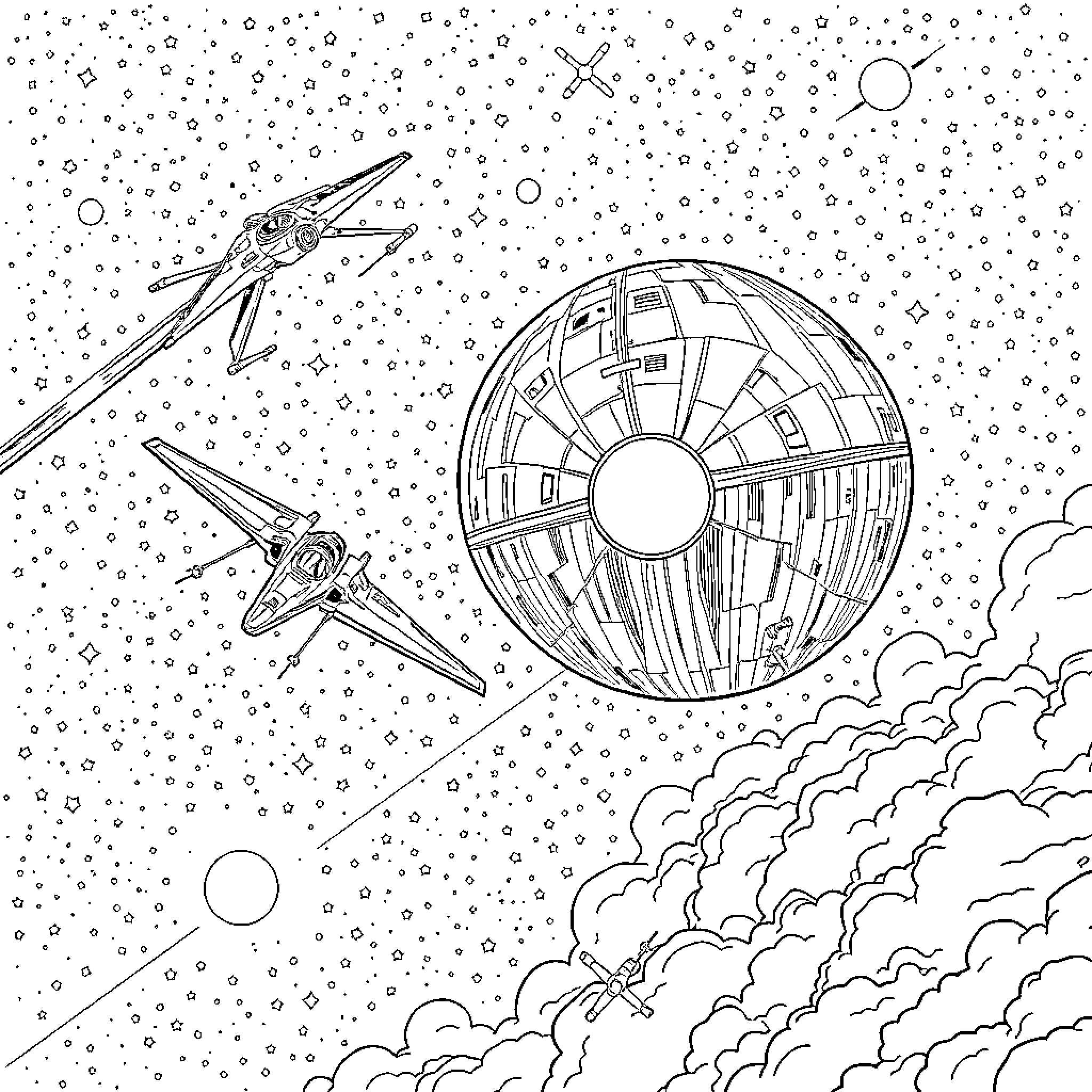X-Wing Fighters Soaring Through the Starry Skies Coloring Page (free black-and-white line drawing printable PDF for all, from beginners to advanced learners, including children, teens, adults, and seniors)