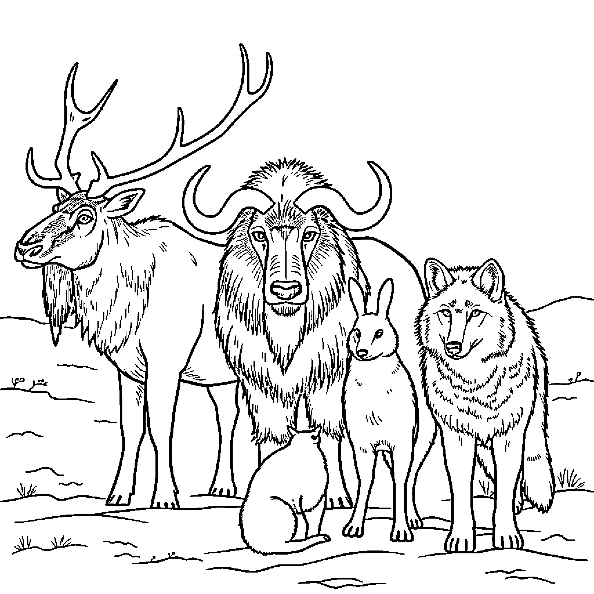 Wolf Trio Interacting in Wilderness Scene Coloring Page (free black-and-white line drawing printable PDF for all, from beginners to advanced learners, including children, teens, adults, and seniors)