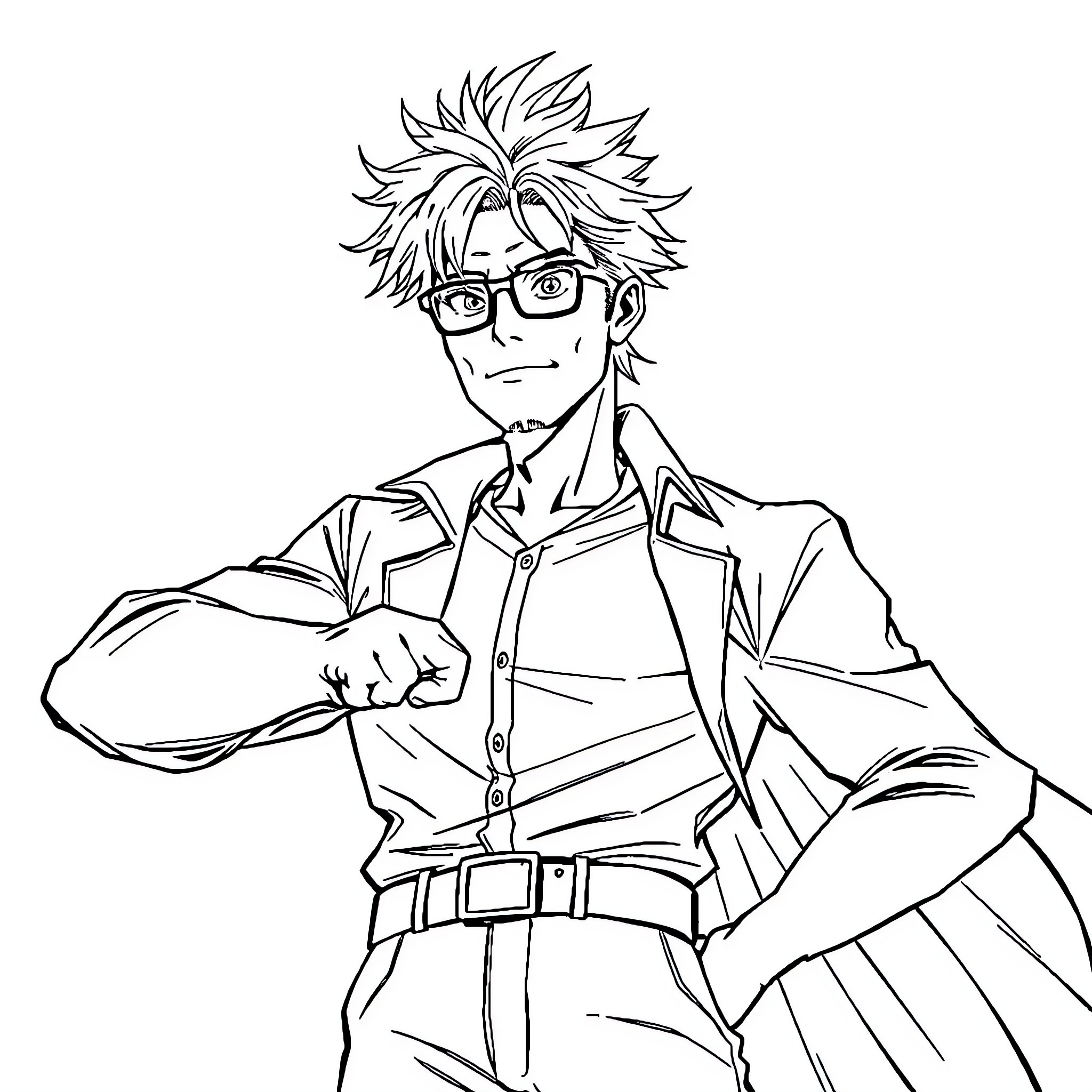Toshinori Yagi in a serious expression with glasses Coloring Page (free black-and-white line drawing printable PDF for all, from beginners to advanced learners, including children, teens, adults, and seniors)