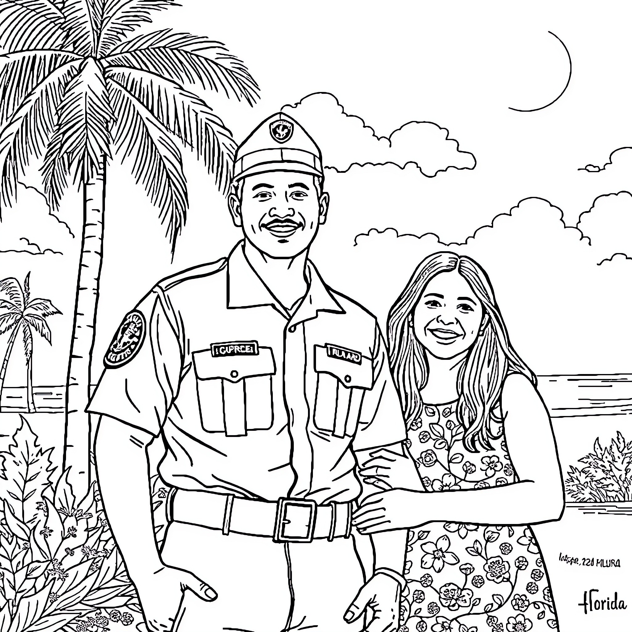 Man in uniform posing with woman in tropical setting Coloring Page (free black-and-white line drawing printable PDF for all, from beginners to advanced learners, including children, teens, adults, and seniors)
