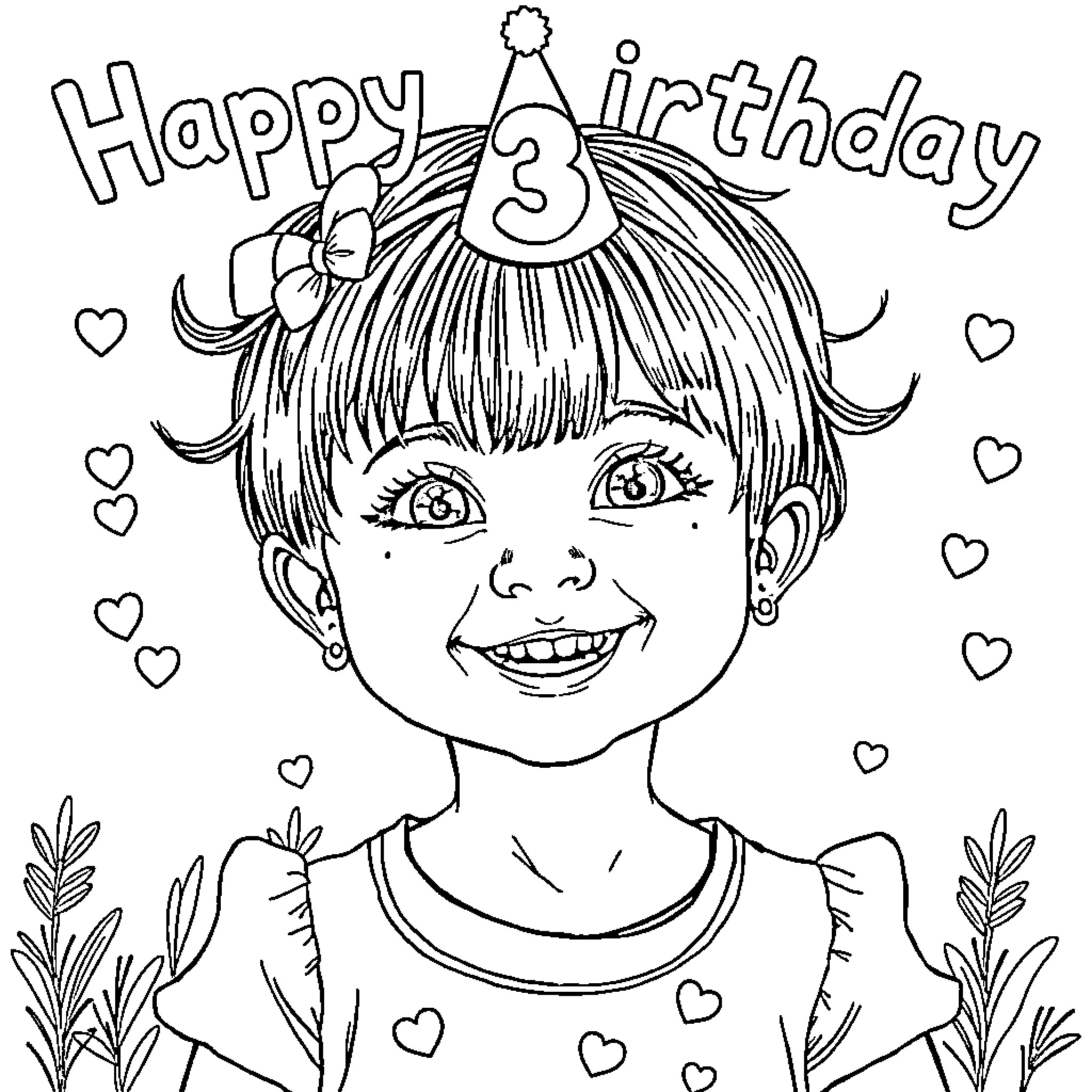 Birthday Girl Celebrating With Joyful Expression and Festive Hat Coloring Page (free black-and-white line drawing printable PDF for all, from beginners to advanced learners, including children, teens, adults, and seniors)
