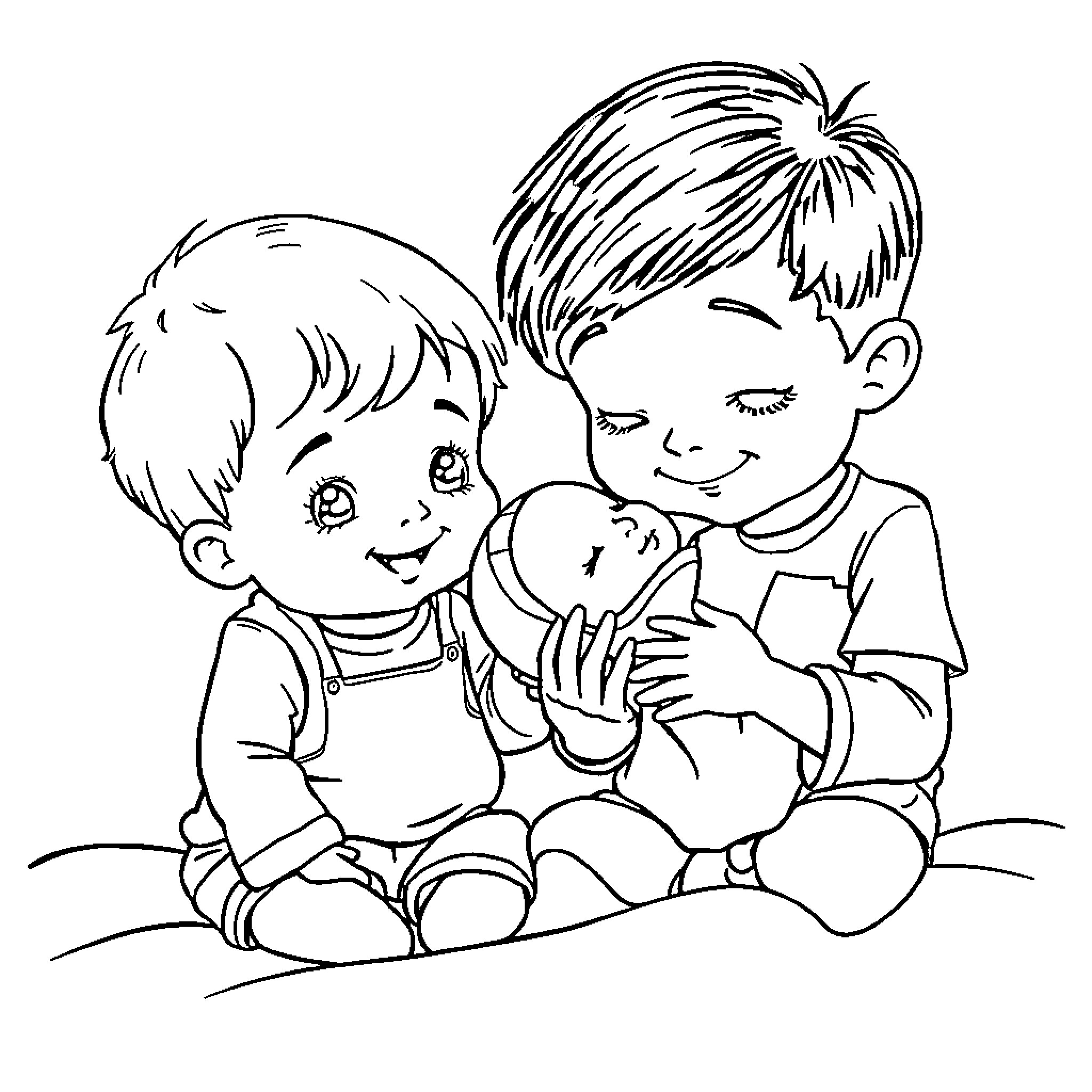 Newborn siblings bonding and playing together Coloring Page (free black-and-white line drawing printable PDF for all, from beginners to advanced learners, including children, teens, adults, and seniors)