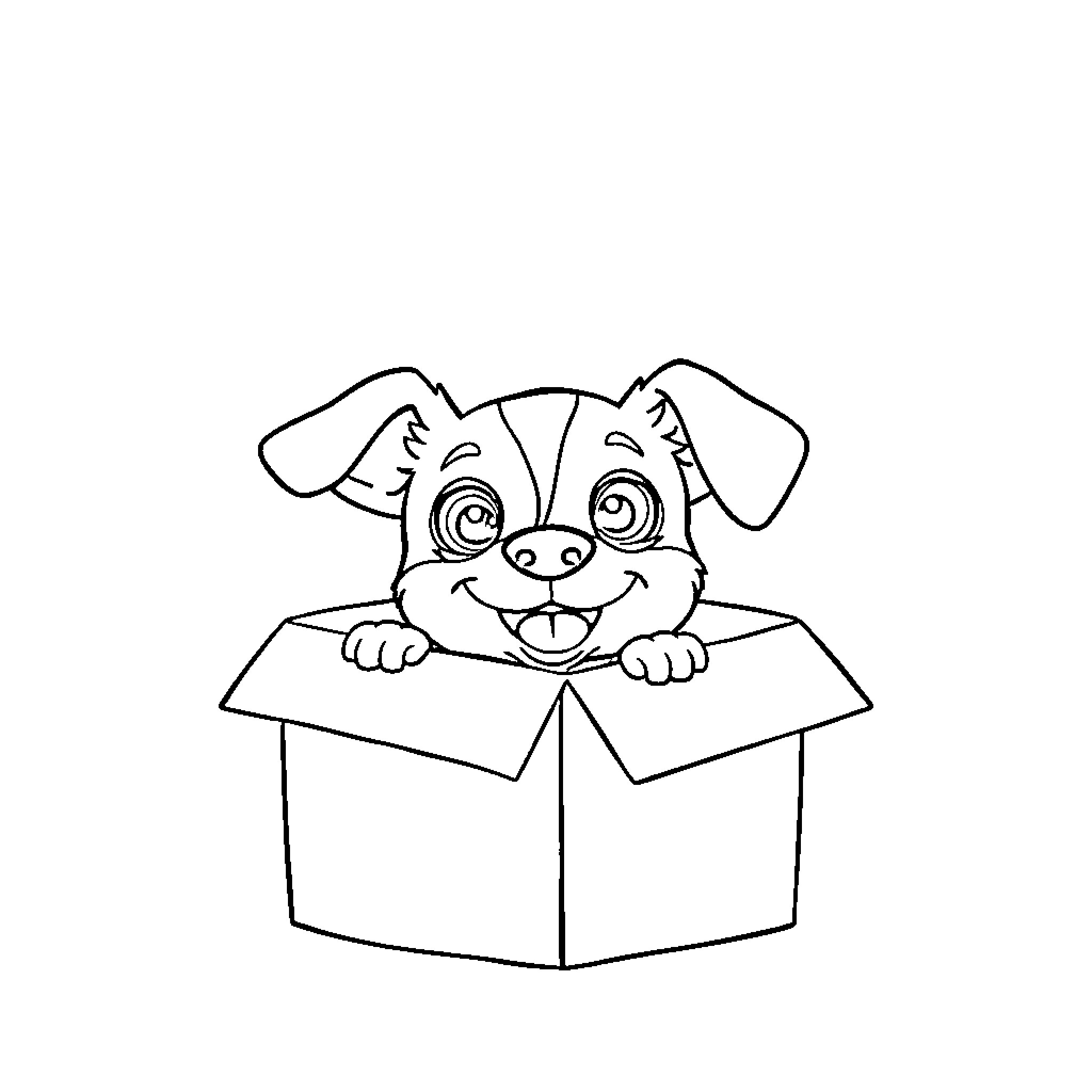 Dog peeking out from a box Coloring Page (free black-and-white line drawing printable PDF for all, from beginners to advanced learners, including children, teens, adults, and seniors)