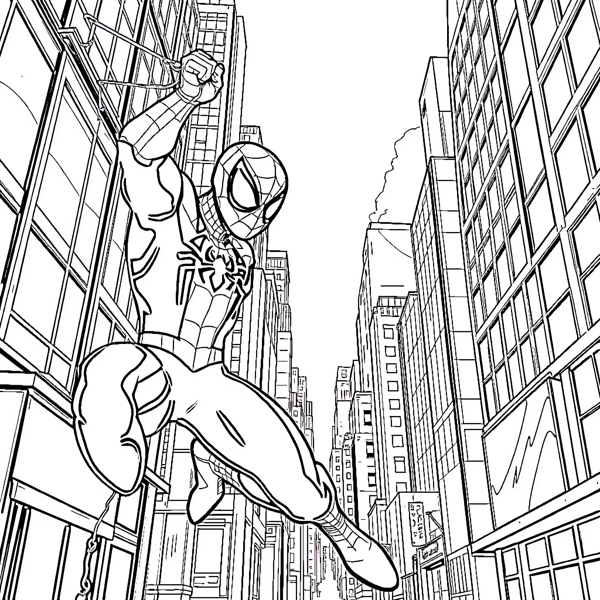 Spiderman swinging through the city skyline Coloring Page (free black-and-white line drawing printable PDF for all, from beginners to advanced learners, including children, teens, adults, and seniors)