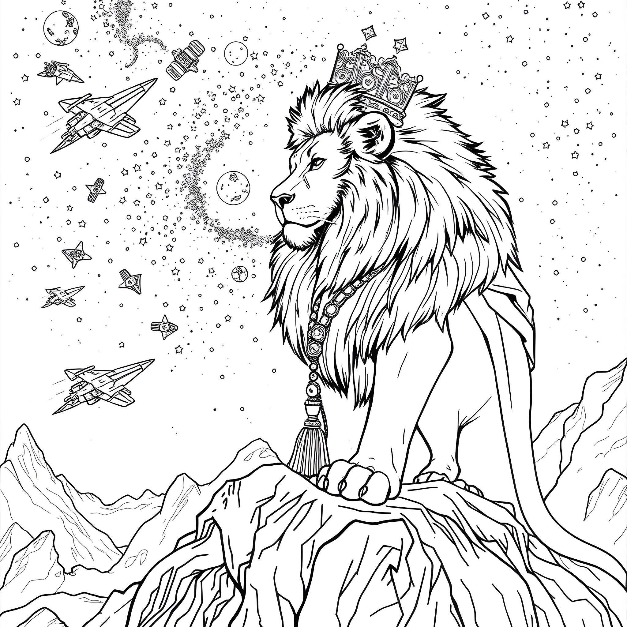 Lion King in the Cosmic Realm Coloring Page (free black-and-white line drawing printable PDF for all, from beginners to advanced learners, including children, teens, adults, and seniors)