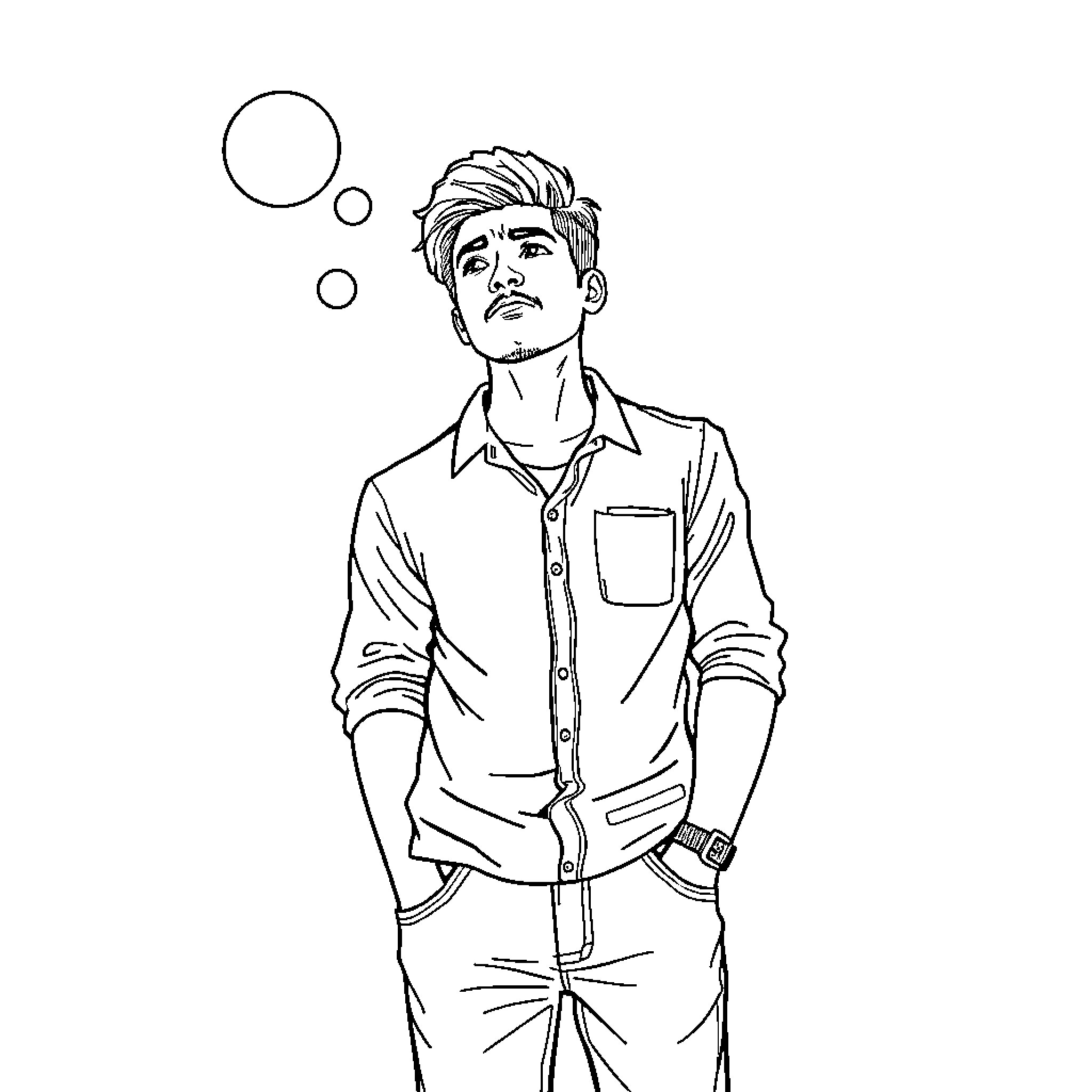Man daydreaming with thoughtful expression Coloring Page (free black-and-white line drawing printable PDF for all, from beginners to advanced learners, including children, teens, adults, and seniors)