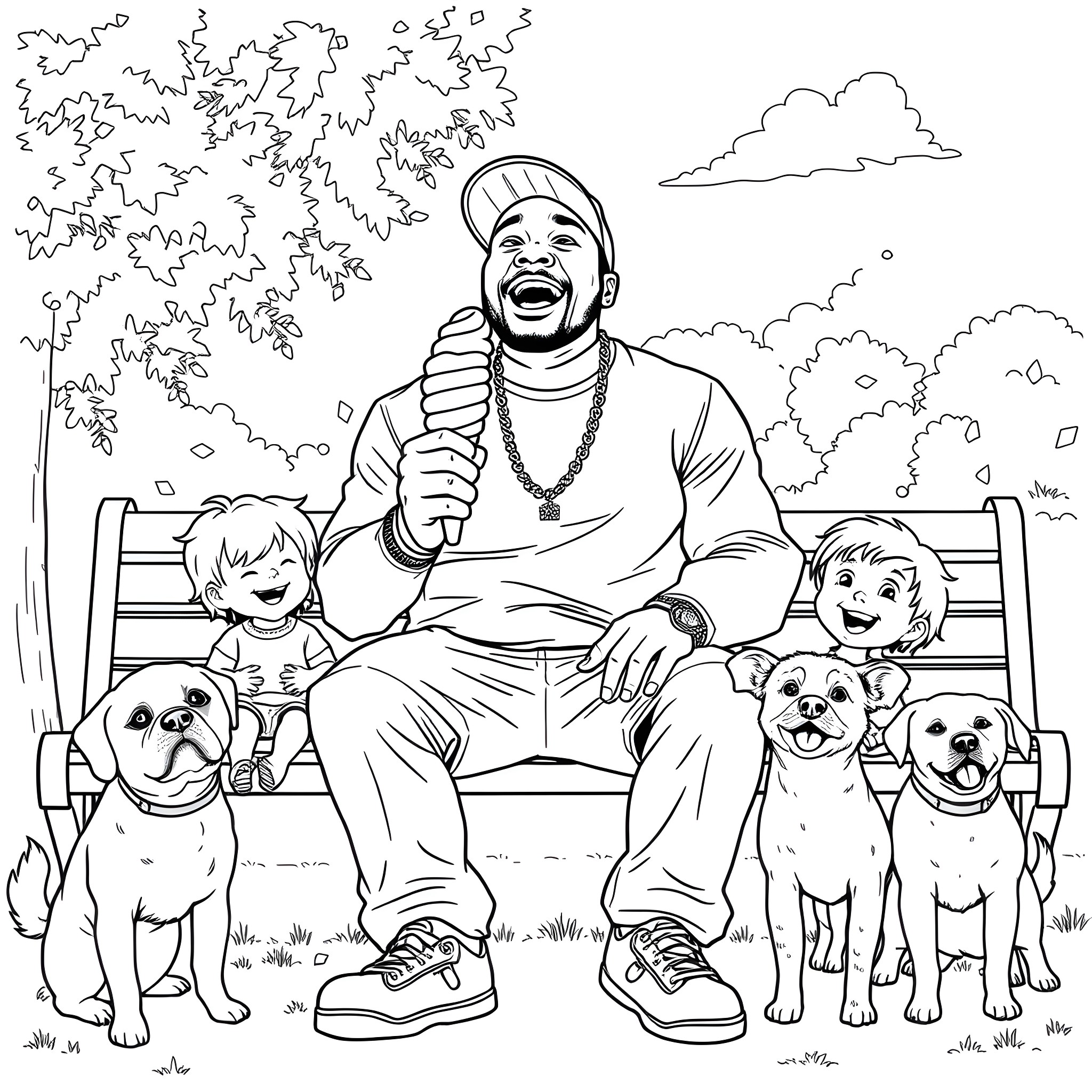 50 Cent enjoying time with family and pets outdoors Coloring Page (free black-and-white line drawing printable PDF for all, from beginners to advanced learners, including children, teens, adults, and seniors)