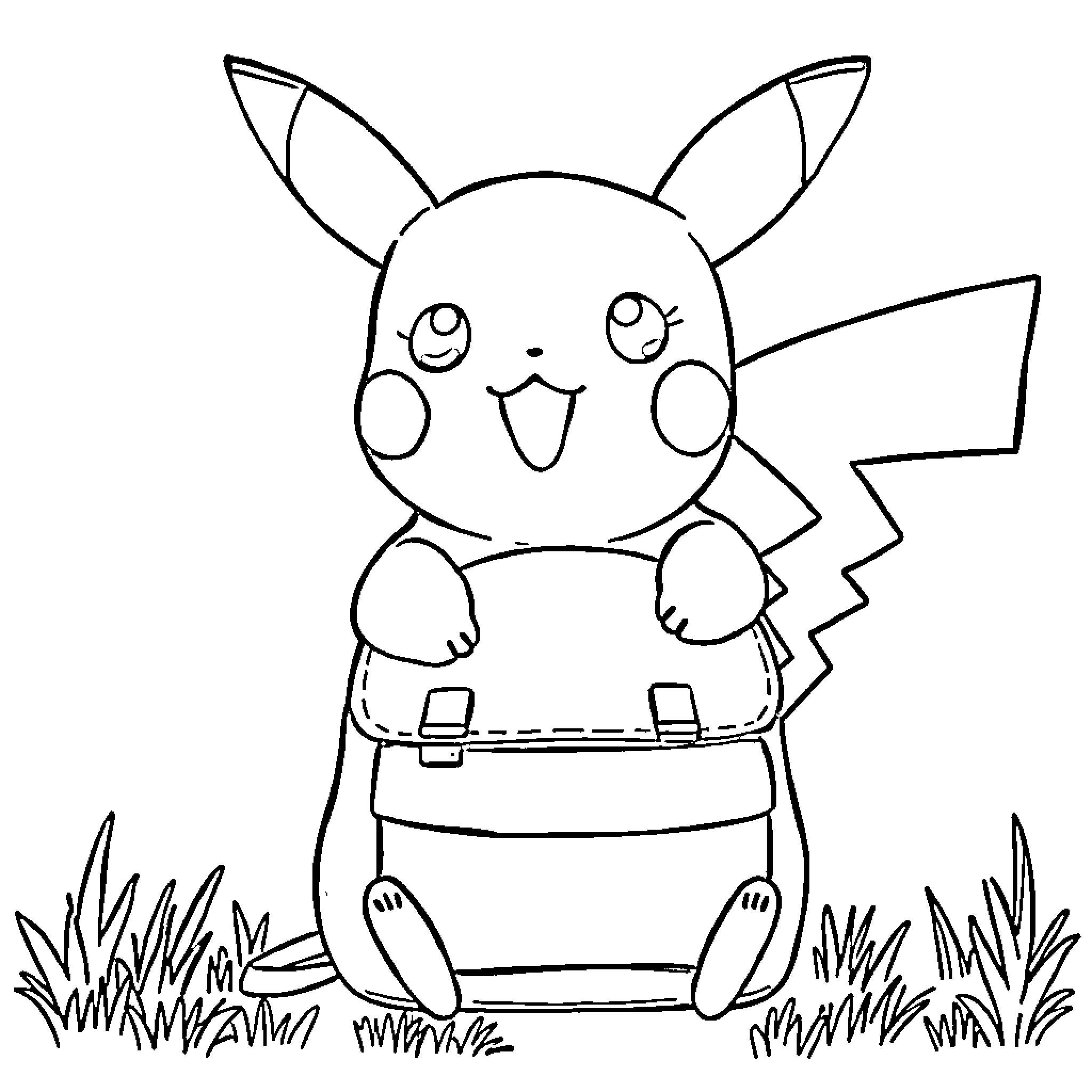 Pikachu sitting happily in the field Coloring Page (free black-and-white line drawing printable PDF for all, from beginners to advanced learners, including children, teens, adults, and seniors)