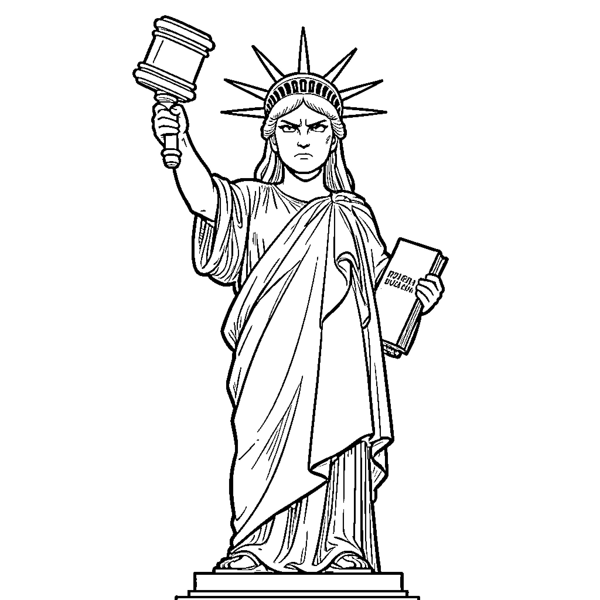 Statue Of Liberty holding a gavel and a book Coloring Page (free black-and-white line drawing printable PDF for all, from beginners to advanced learners, including children, teens, adults, and seniors)