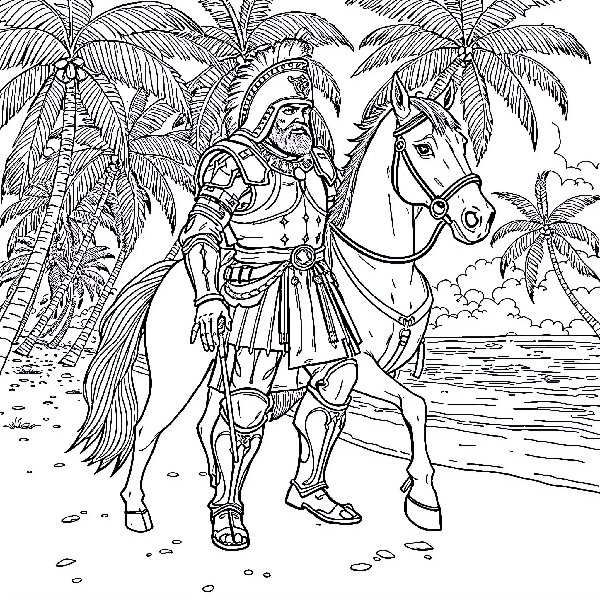 Conquistador on Horseback in Tropical Landscape Coloring Page (free black-and-white line drawing printable PDF for all, from beginners to advanced learners, including children, teens, adults, and seniors)