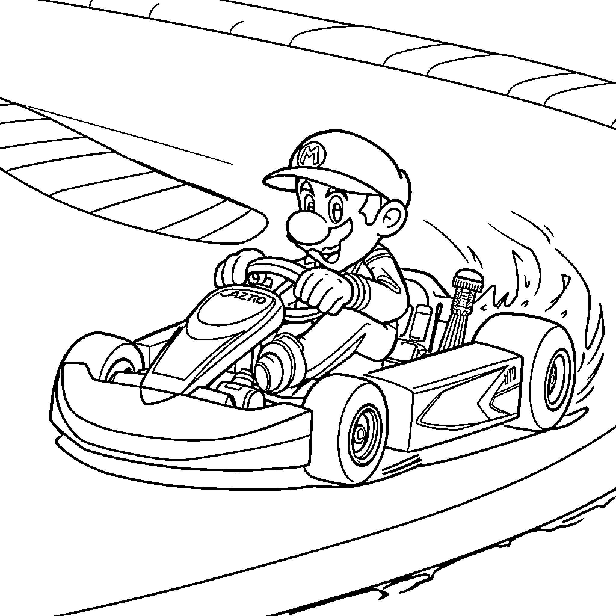 Mario Andretti racing in a go-kart Coloring Page (free black-and-white line drawing printable PDF for all, from beginners to advanced learners, including children, teens, adults, and seniors)