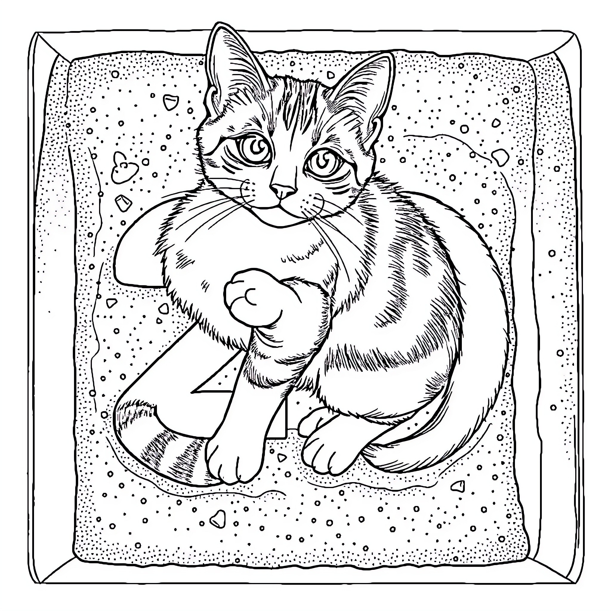 Cat cozy on a dotted blanket Coloring Page (free black-and-white line drawing printable PDF for all, from beginners to advanced learners, including children, teens, adults, and seniors)