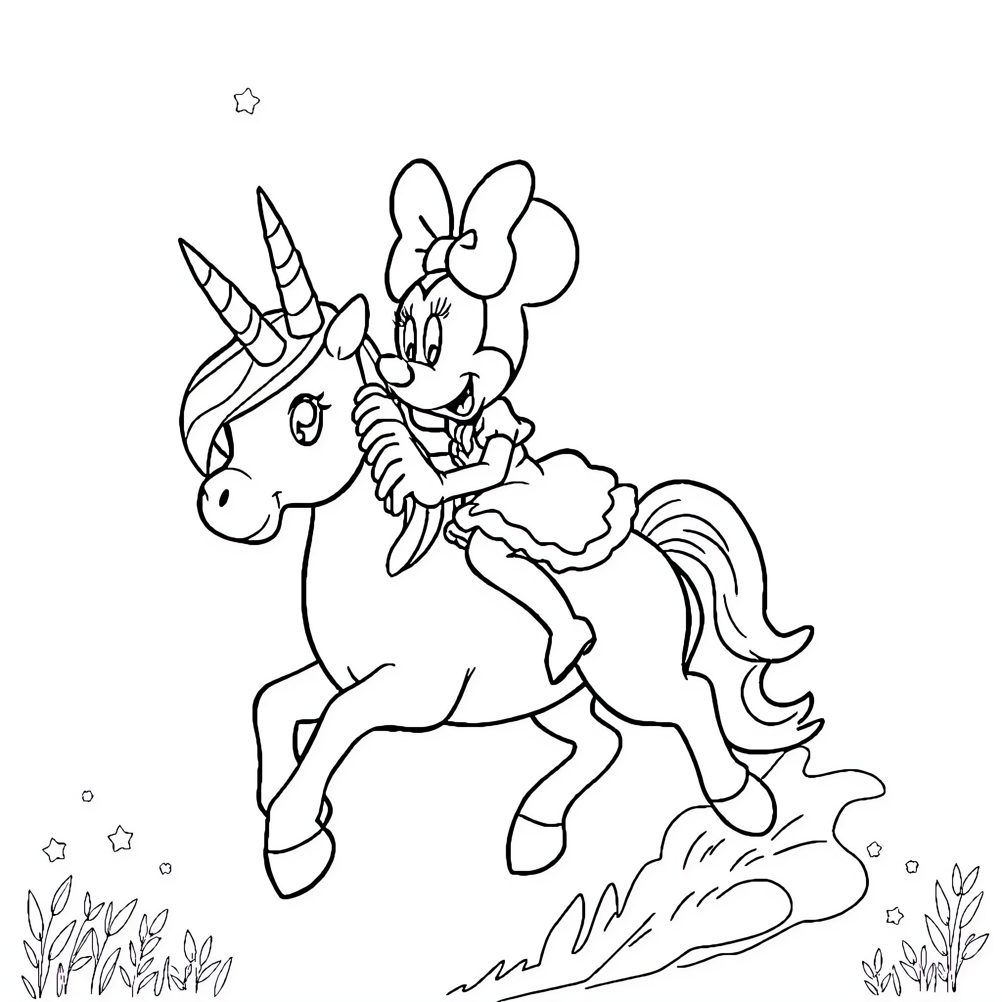 Minnie Riding a Magical Unicorn through a Whimsical Scene Coloring Page (free black-and-white line drawing printable PDF for all, from beginners to advanced learners, including children, teens, adults, and seniors)
