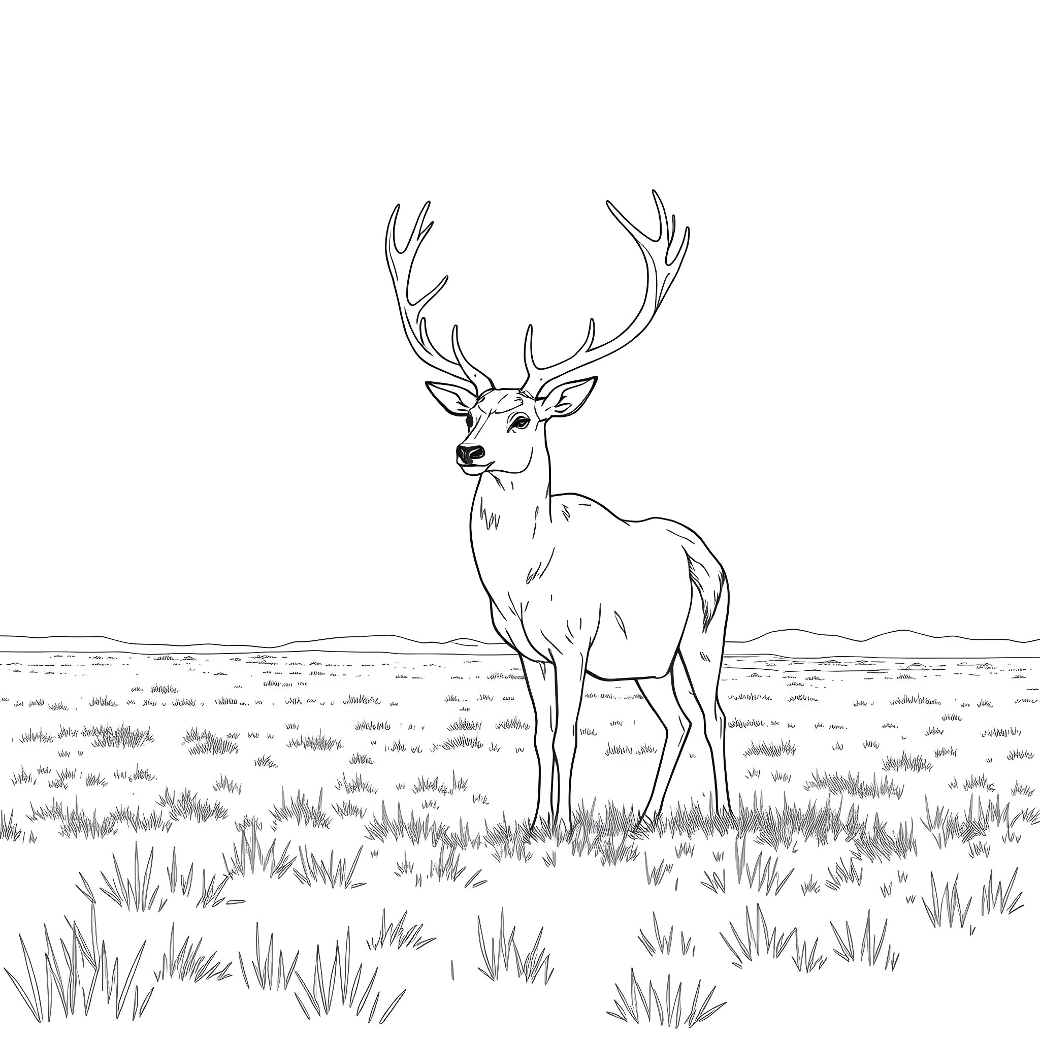 Deer standing calmly in the meadow Coloring Page (free black-and-white line drawing printable PDF for all, from beginners to advanced learners, including children, teens, adults, and seniors)