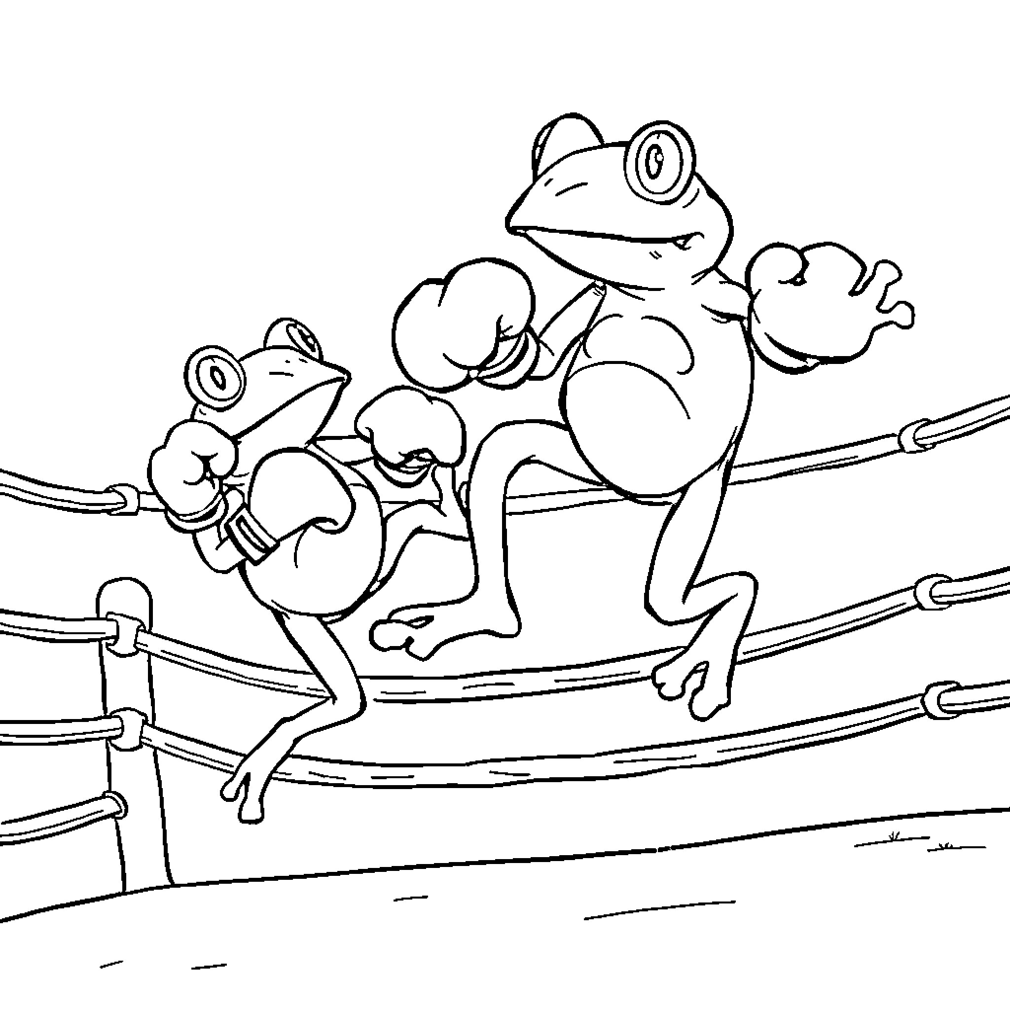 Frog wrestling in a boxing ring Coloring Page (free black-and-white line drawing printable PDF for all, from beginners to advanced learners, including children, teens, adults, and seniors)