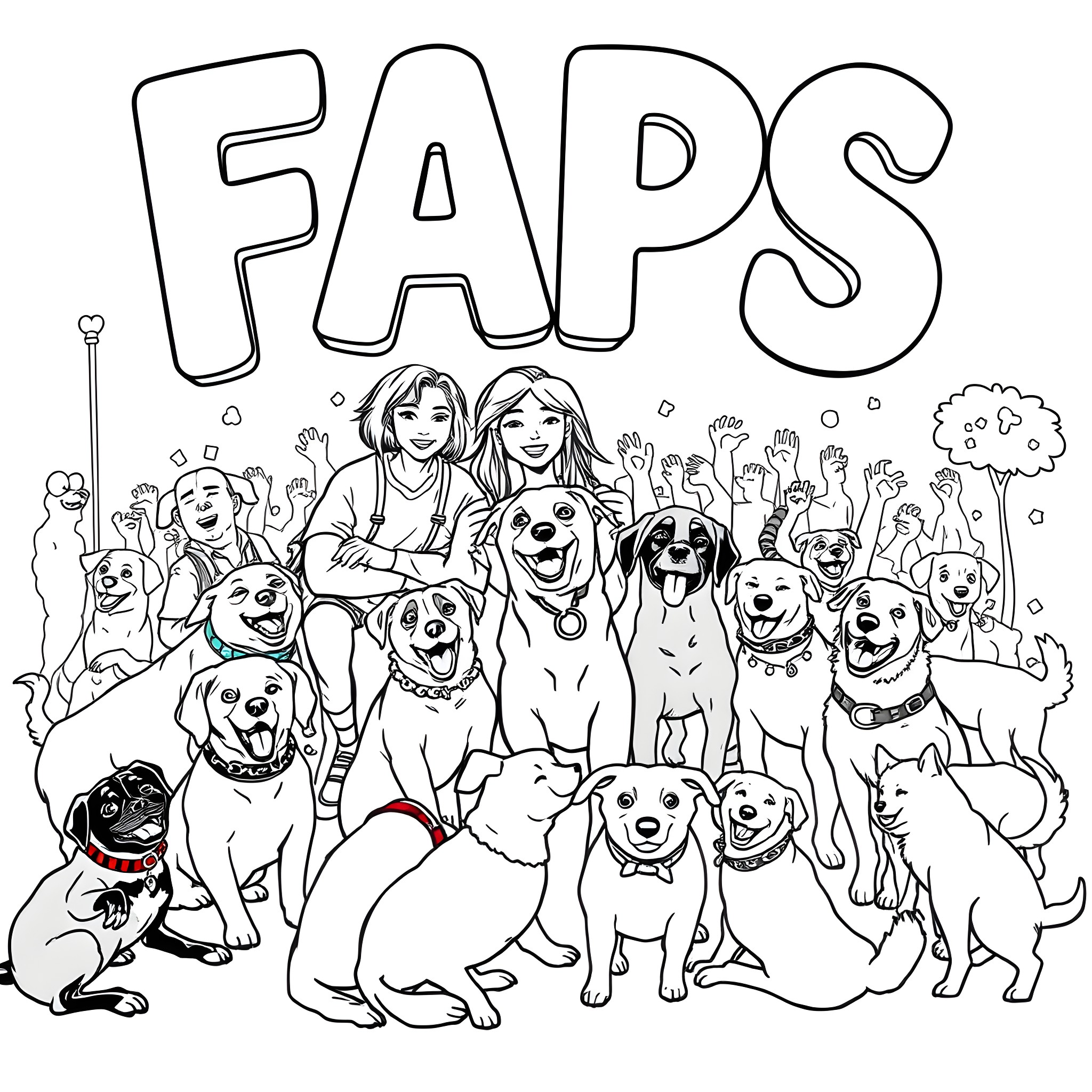 Dogs and People Enjoying Fun Time Together Coloring Page (free black-and-white line drawing printable PDF for all, from beginners to advanced learners, including children, teens, adults, and seniors)