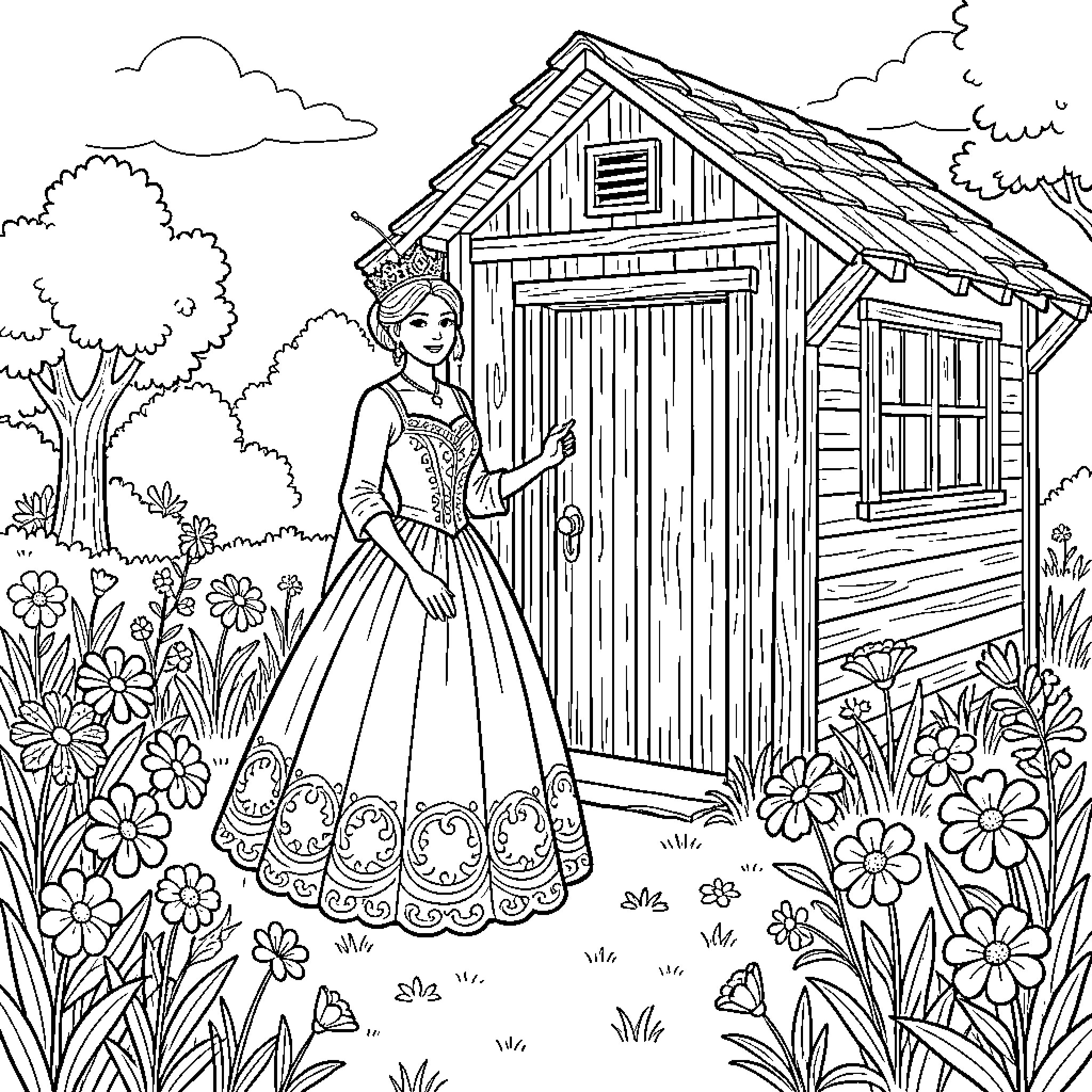 Monarch in a Charming Countryside Setting Coloring Page (free black-and-white line drawing printable PDF for all, from beginners to advanced learners, including children, teens, adults, and seniors)