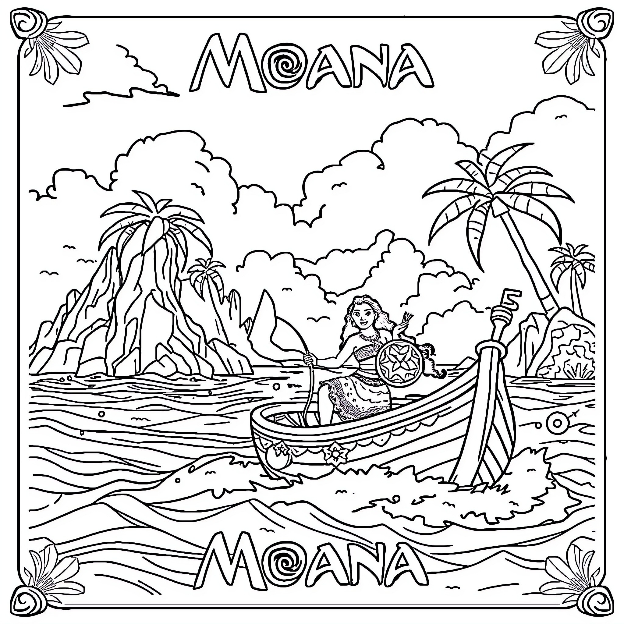 Moana exploring the ocean in a boat Coloring Page (free black-and-white line drawing printable PDF for all, from beginners to advanced learners, including children, teens, adults, and seniors)