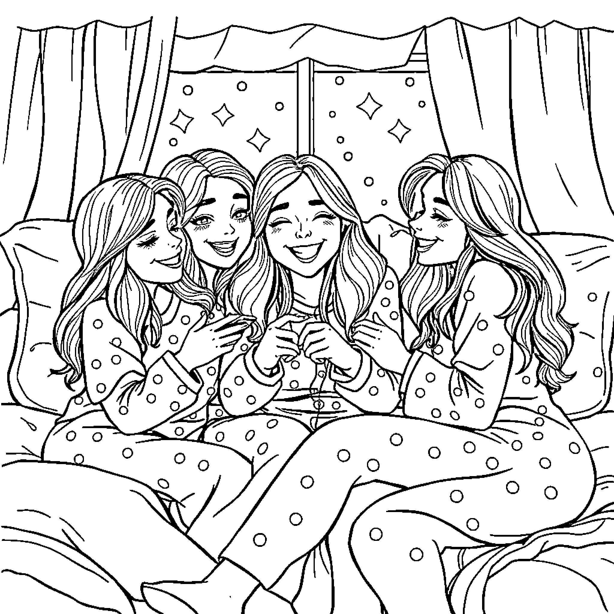 Girlfriend having fun together in the snow Coloring Page (free black-and-white line drawing printable PDF for all, from beginners to advanced learners, including children, teens, adults, and seniors)