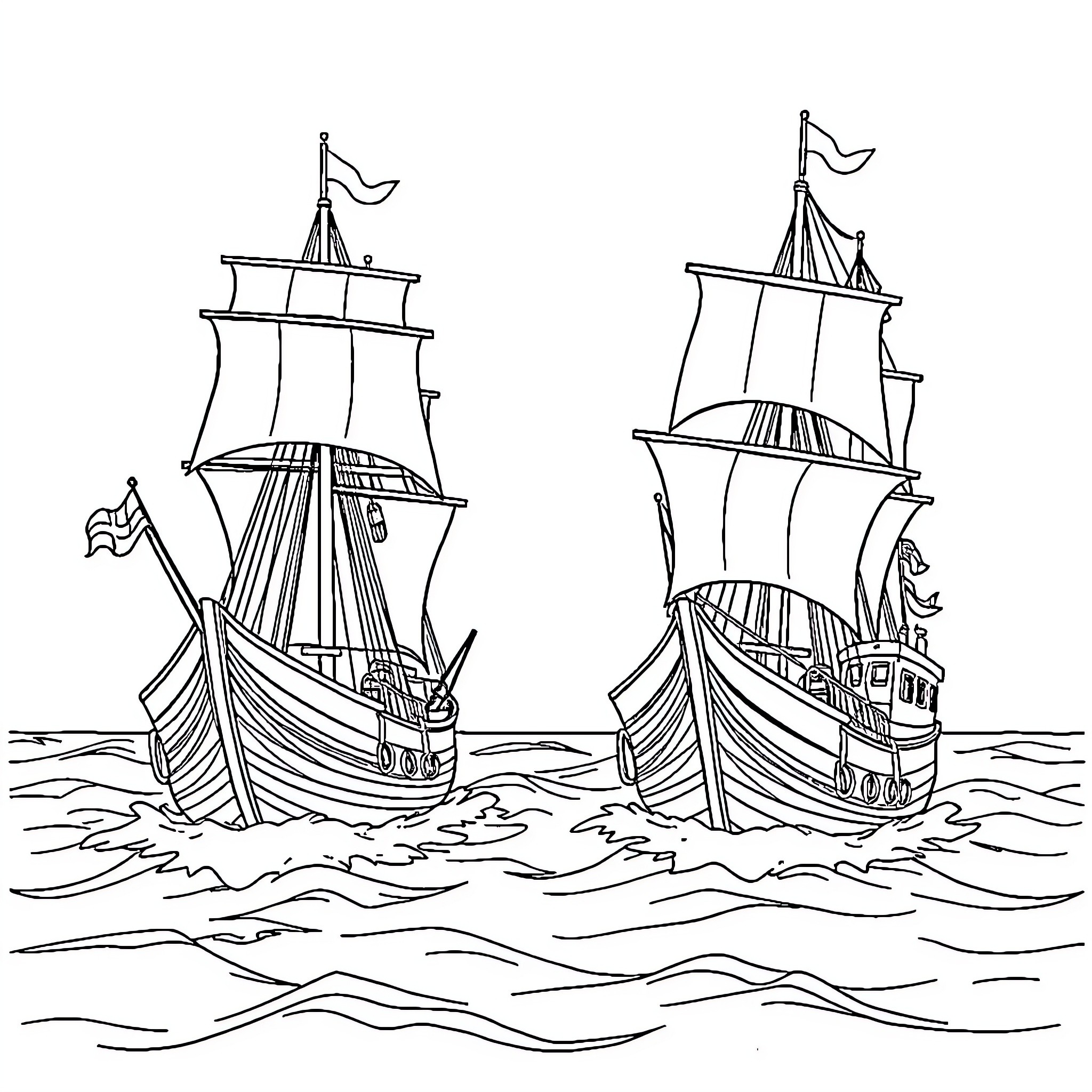 Sunny Sailing Ships Crossing the Open Seas Coloring Page (free black-and-white line drawing printable PDF for all, from beginners to advanced learners, including children, teens, adults, and seniors)