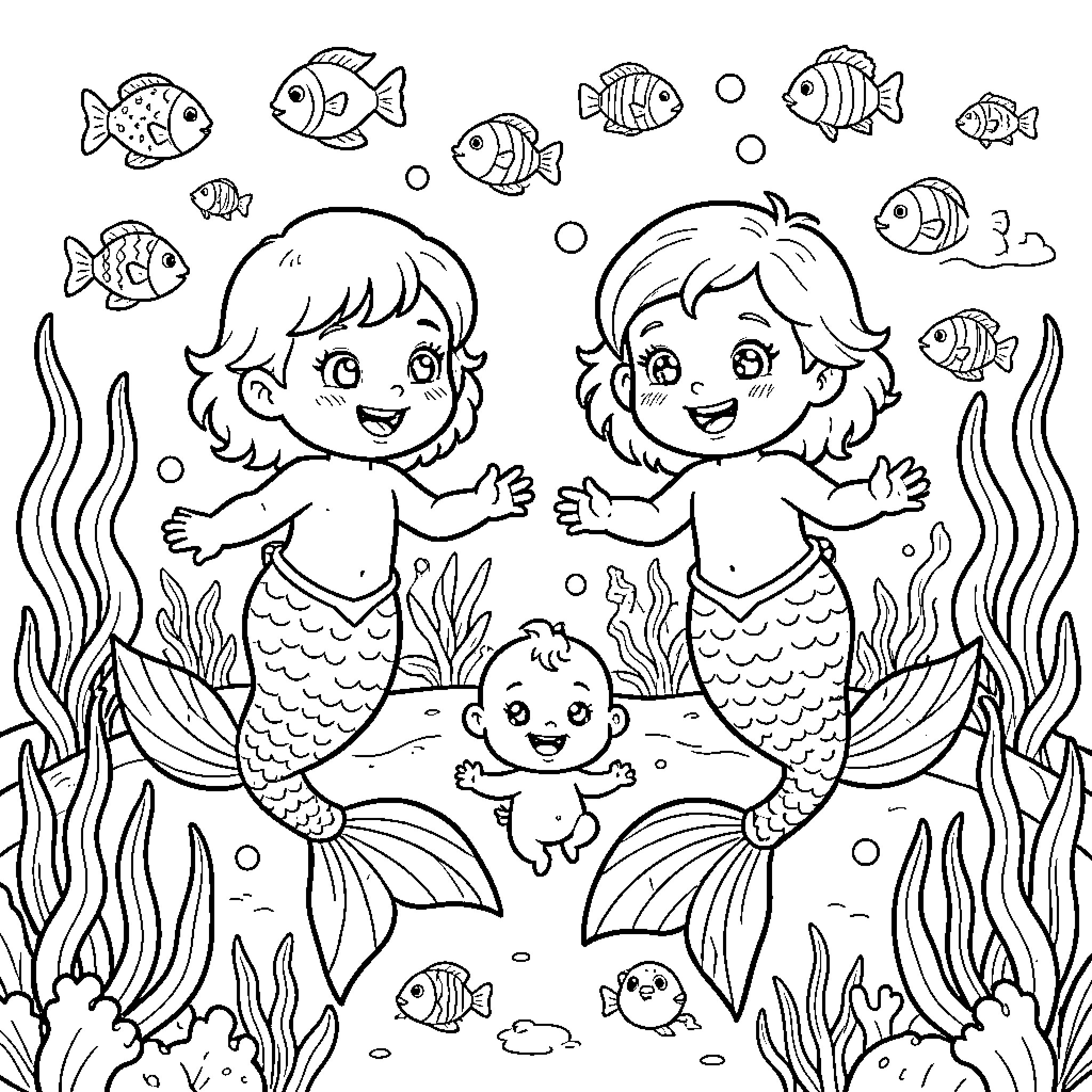 Mermaid family having fun underwater Coloring Page (free black-and-white line drawing printable PDF for all, from beginners to advanced learners, including children, teens, adults, and seniors)