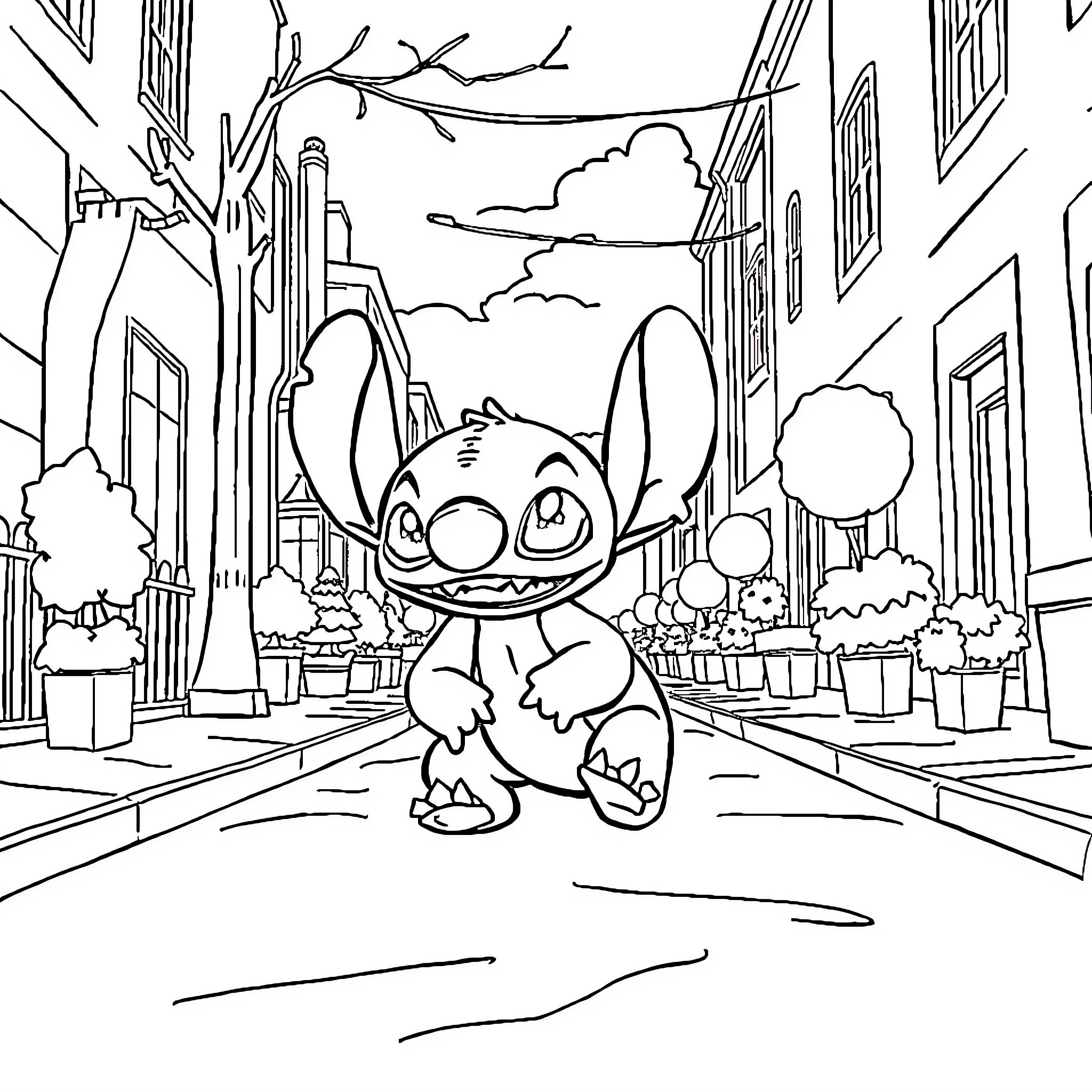 Stitch exploring the city streets Coloring Page (free black-and-white line drawing printable PDF for all, from beginners to advanced learners, including children, teens, adults, and seniors)