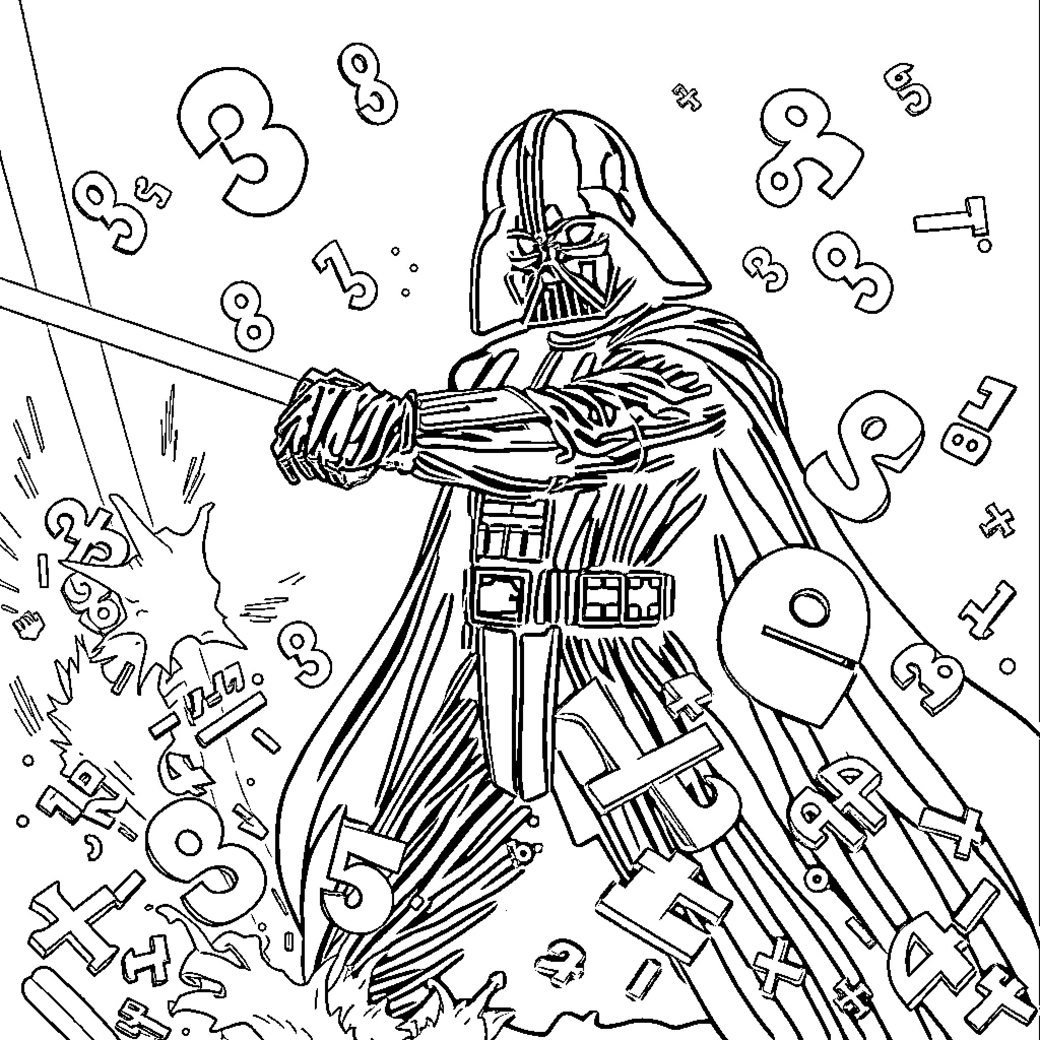 Darth Vader in action with lightsaber and numbers Coloring Page (free black-and-white line drawing printable PDF for all, from beginners to advanced learners, including children, teens, adults, and seniors)
