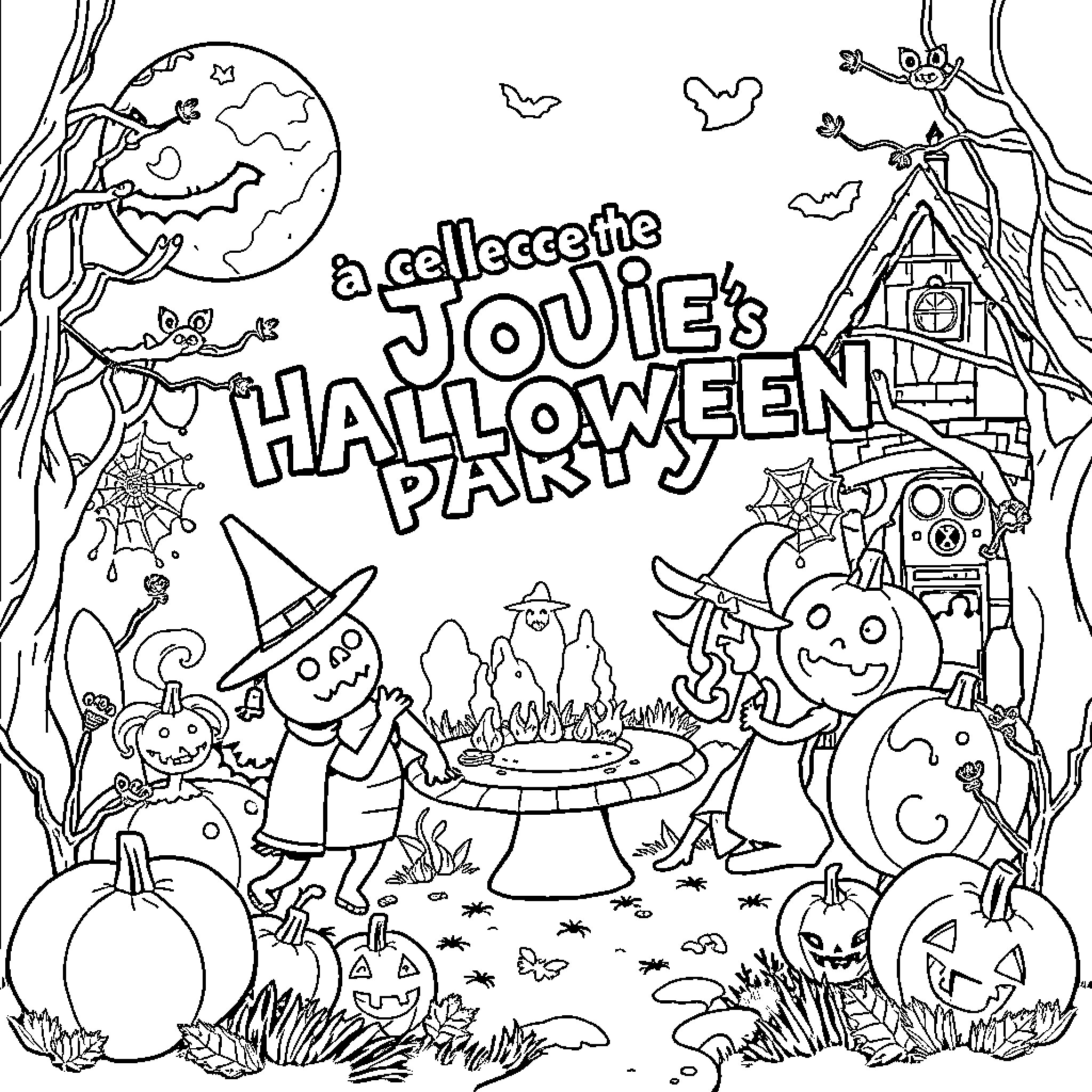 Jude's Spooky Halloween Party Coloring Page (free black-and-white line drawing printable PDF for all, from beginners to advanced learners, including children, teens, adults, and seniors)