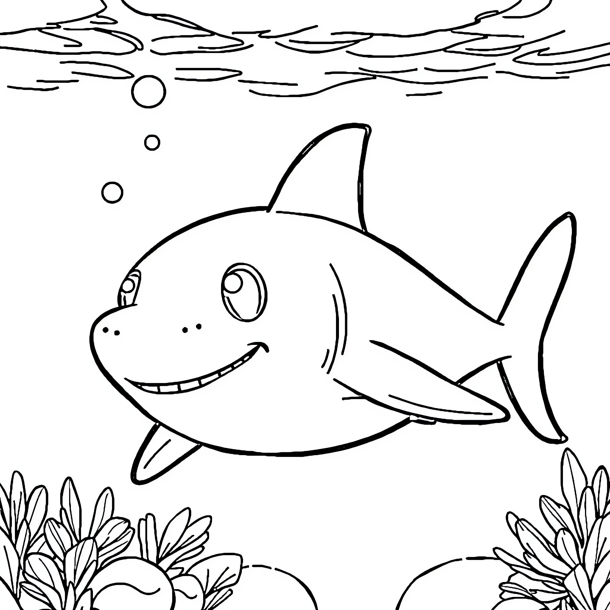 Shark swimming happily in the ocean Coloring Page (free black-and-white line drawing printable PDF for all, from beginners to advanced learners, including children, teens, adults, and seniors)