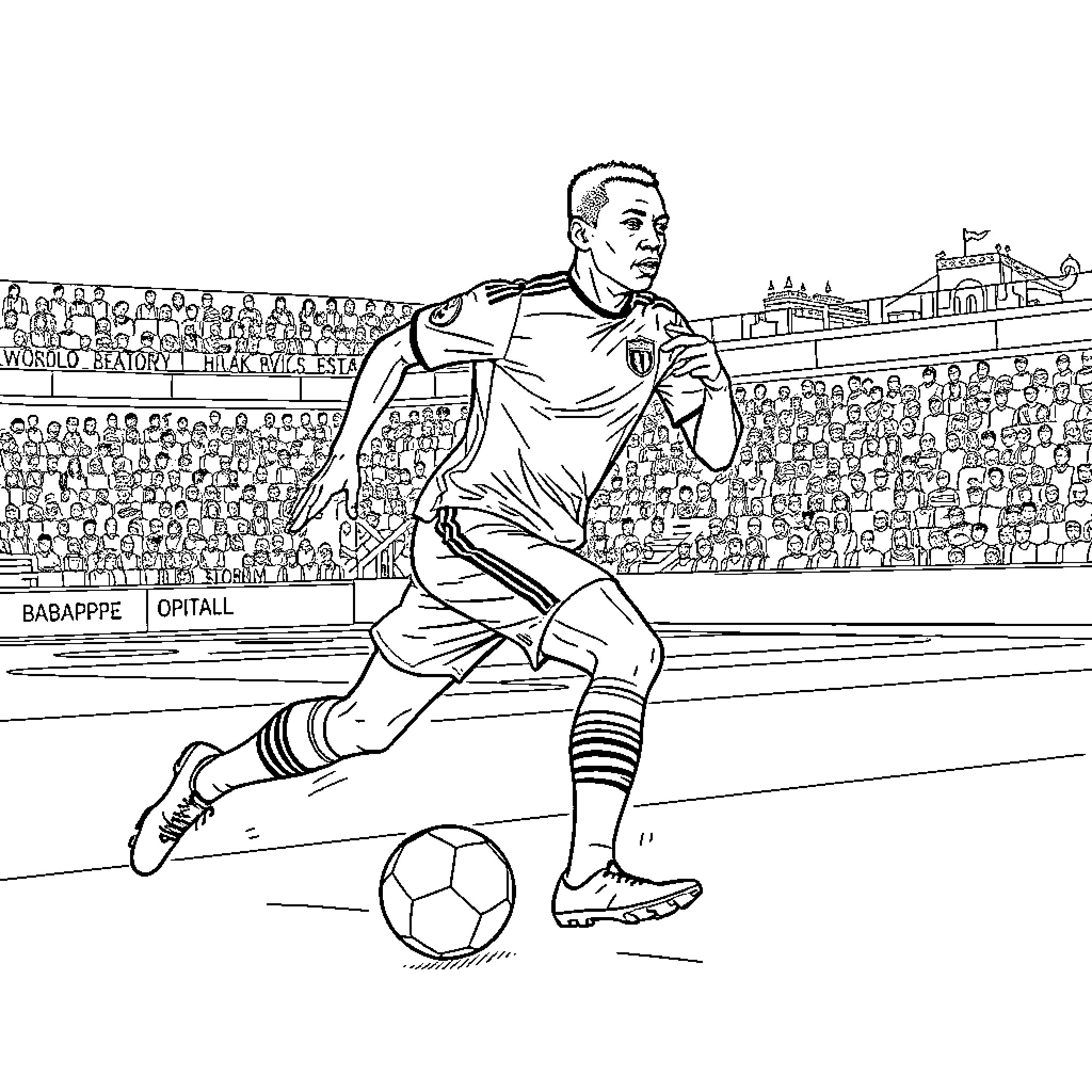 Mbappe Dribbling on the Soccer Pitch Coloring Page (free black-and-white line drawing printable PDF for all, from beginners to advanced learners, including children, teens, adults, and seniors)