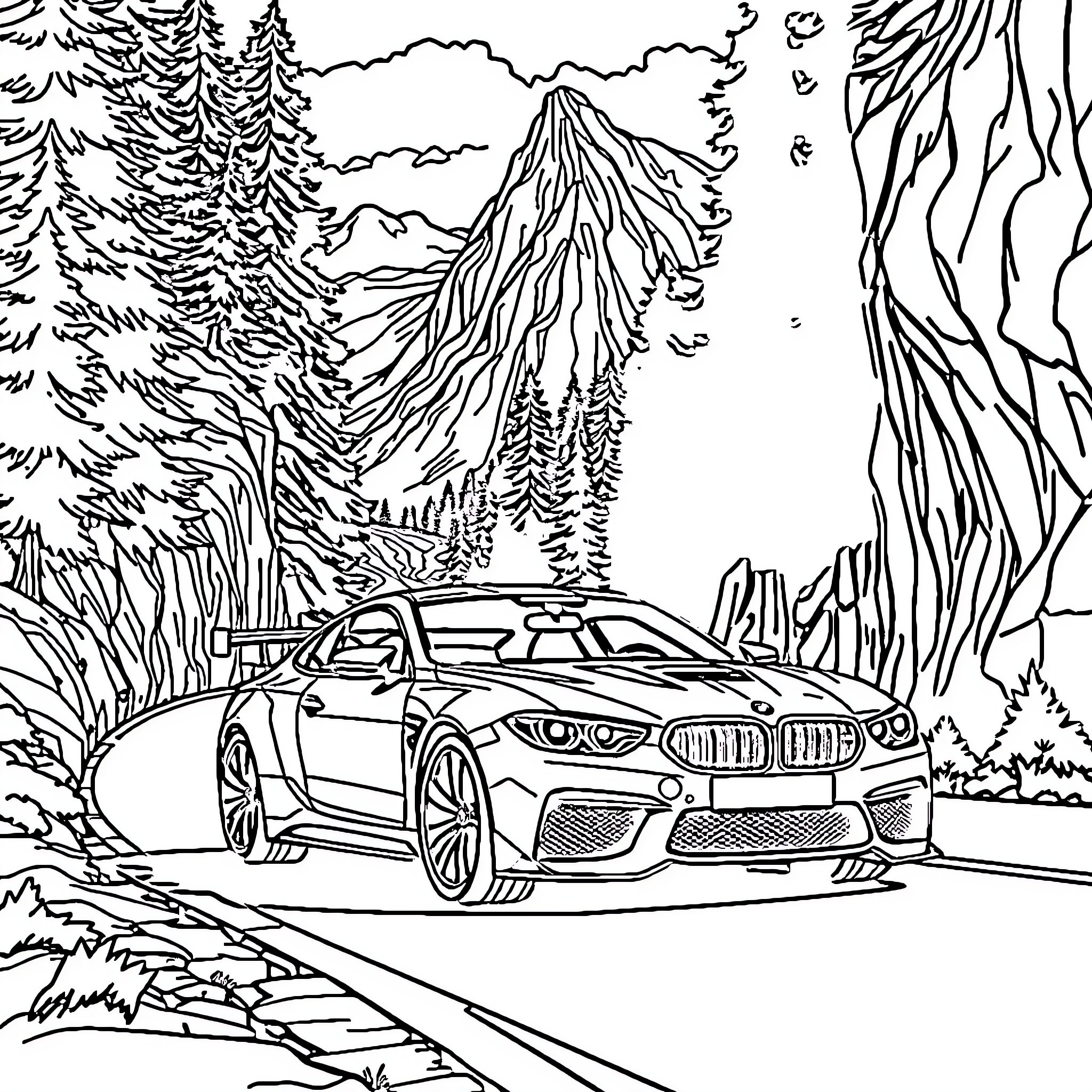 Car driving through winding mountain road Coloring Page (free black-and-white line drawing printable PDF for all, from beginners to advanced learners, including children, teens, adults, and seniors)