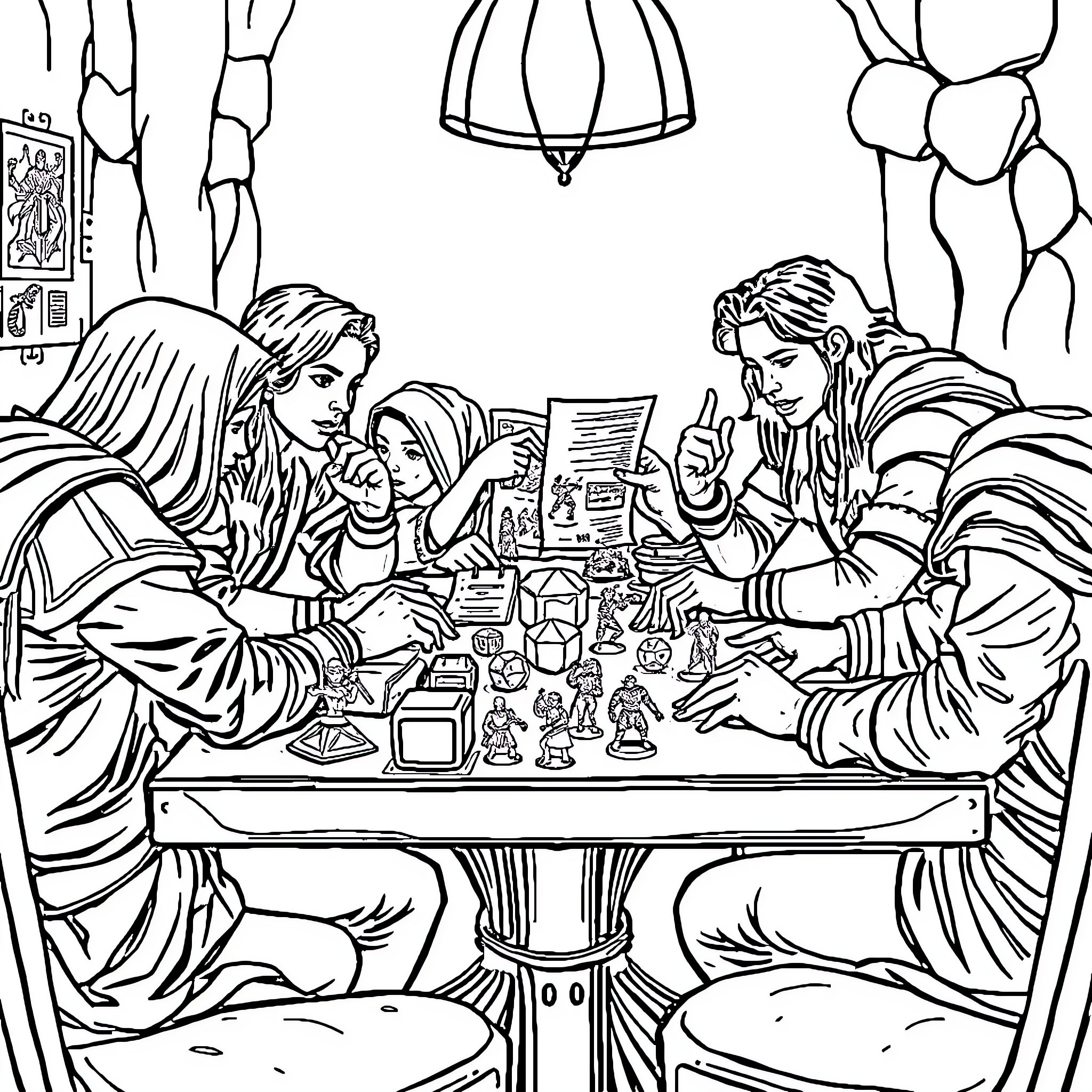 DND Party Gathered for Adventure and Strategy Coloring Page (free black-and-white line drawing printable PDF for all, from beginners to advanced learners, including children, teens, adults, and seniors)