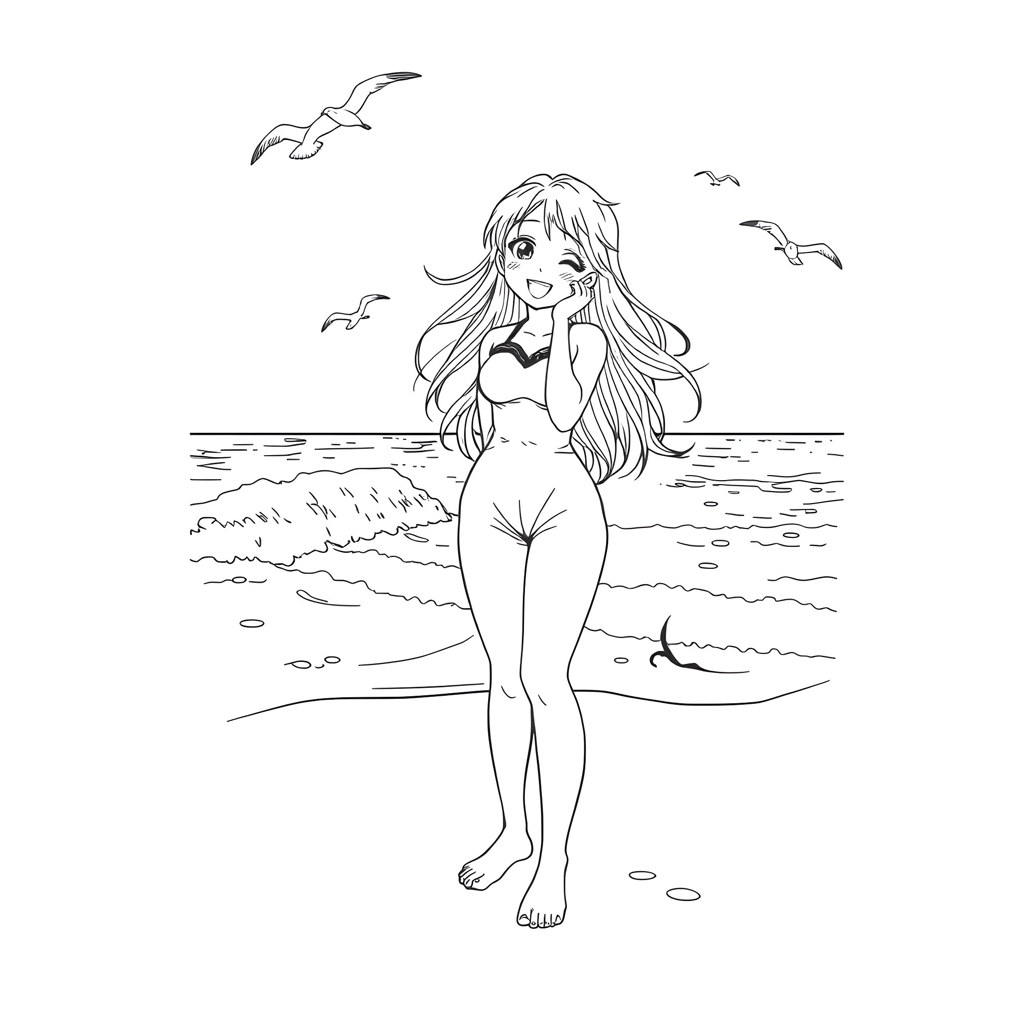 Nami enjoying the beach with seagulls Coloring Page (free black-and-white line drawing printable PDF for all, from beginners to advanced learners, including children, teens, adults, and seniors)