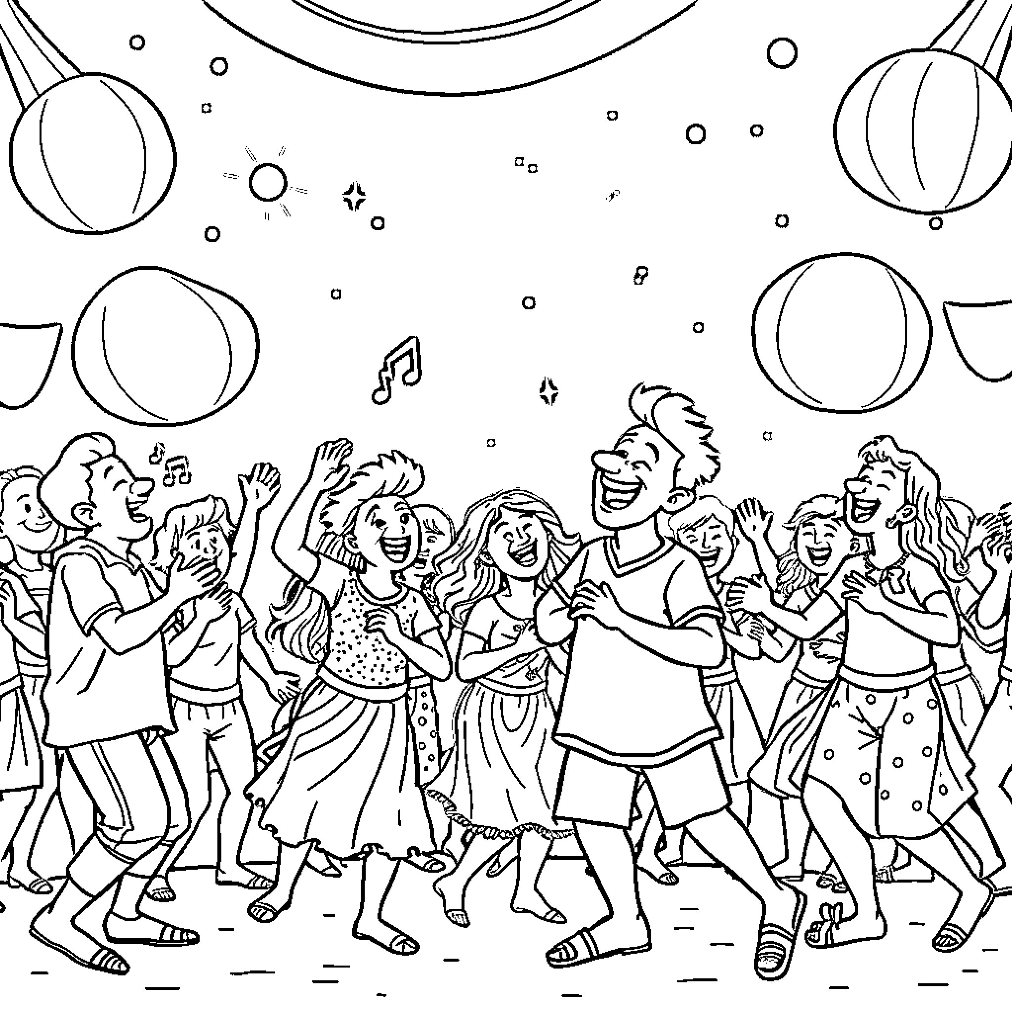Music Celebration with Joyful Dancing Coloring Page (free black-and-white line drawing printable PDF for all, from beginners to advanced learners, including children, teens, adults, and seniors)