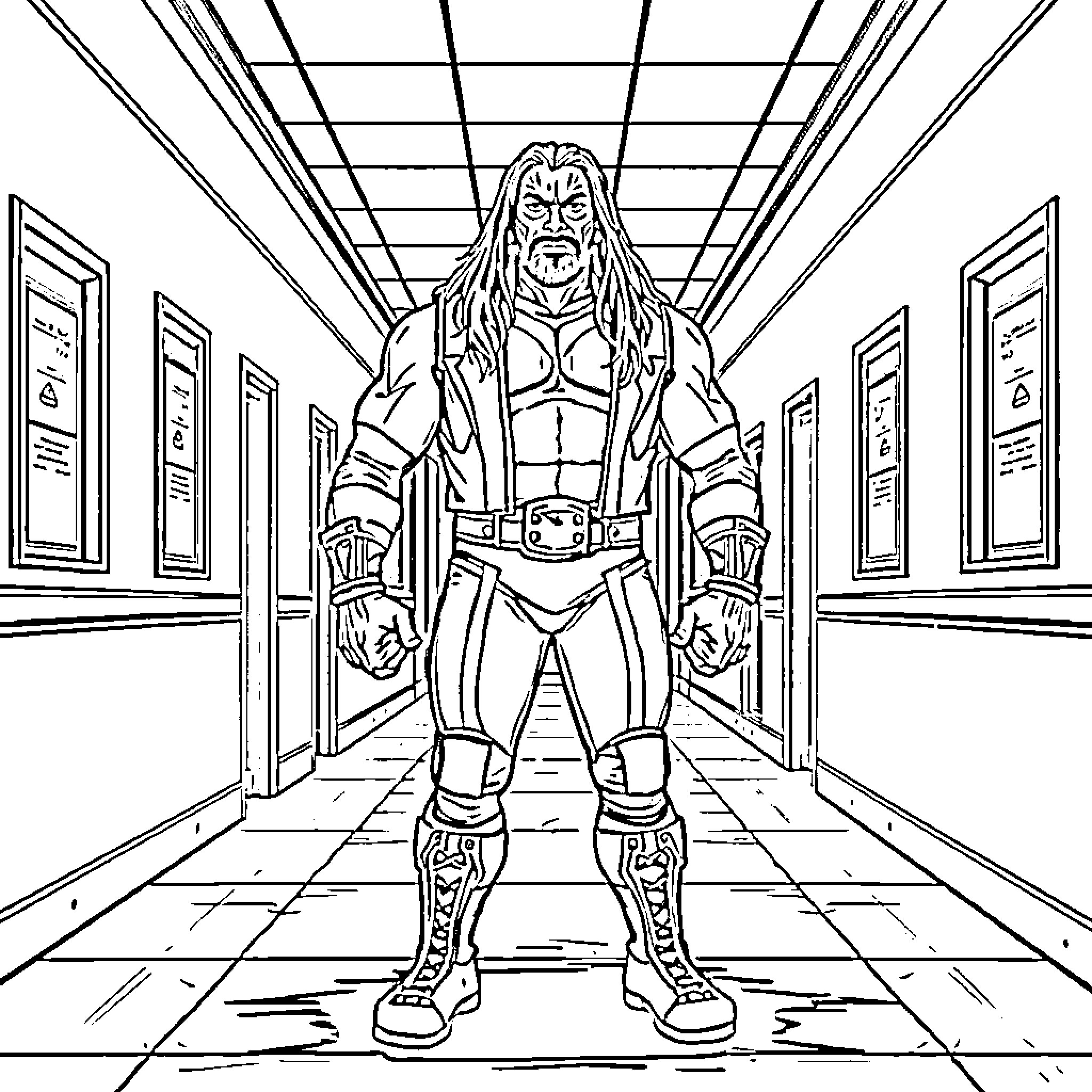 Wrestler with Determined Stance in Confrontational Hallway Coloring Page (free black-and-white line drawing printable PDF for all, from beginners to advanced learners, including children, teens, adults, and seniors)
