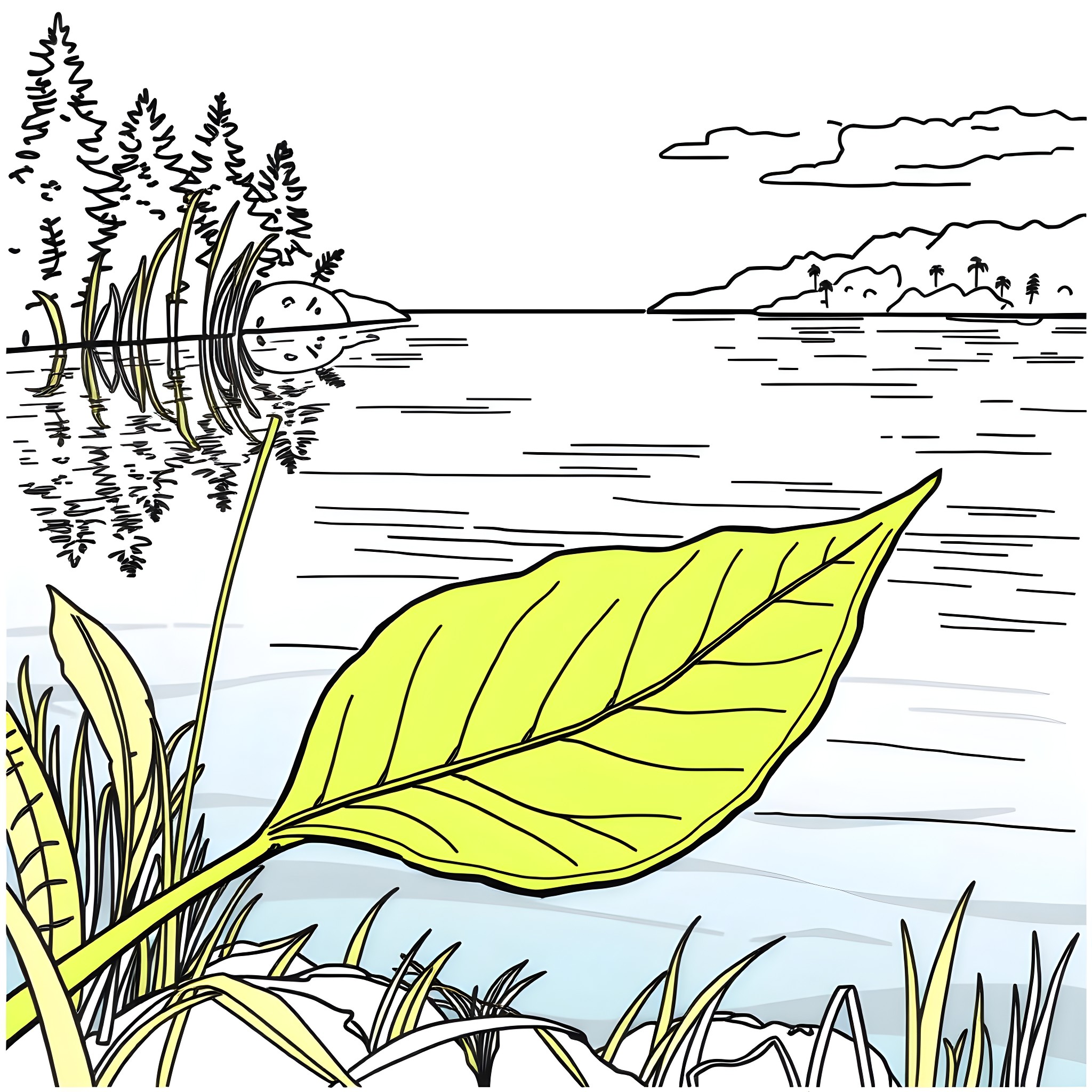 Weed Leaf Floating on Peaceful Lake Coloring Page (free black-and-white line drawing printable PDF for all, from beginners to advanced learners, including children, teens, adults, and seniors)