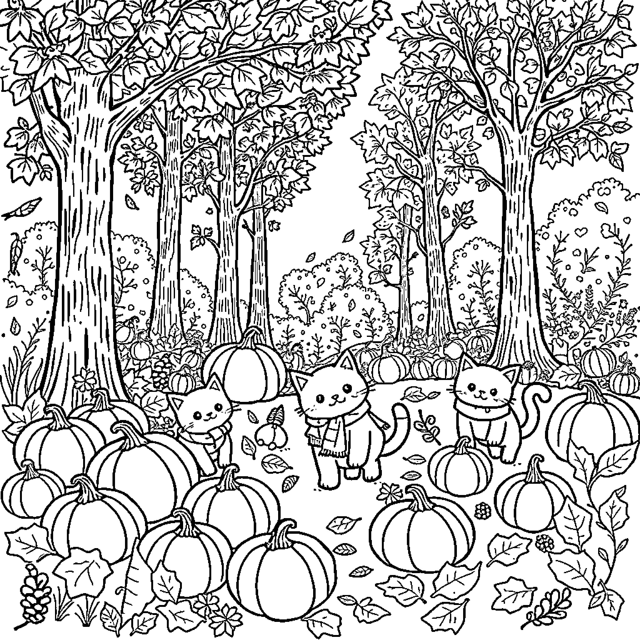Cat Companions in Autumn Forest Coloring Page (free black-and-white line drawing printable PDF for all, from beginners to advanced learners, including children, teens, adults, and seniors)