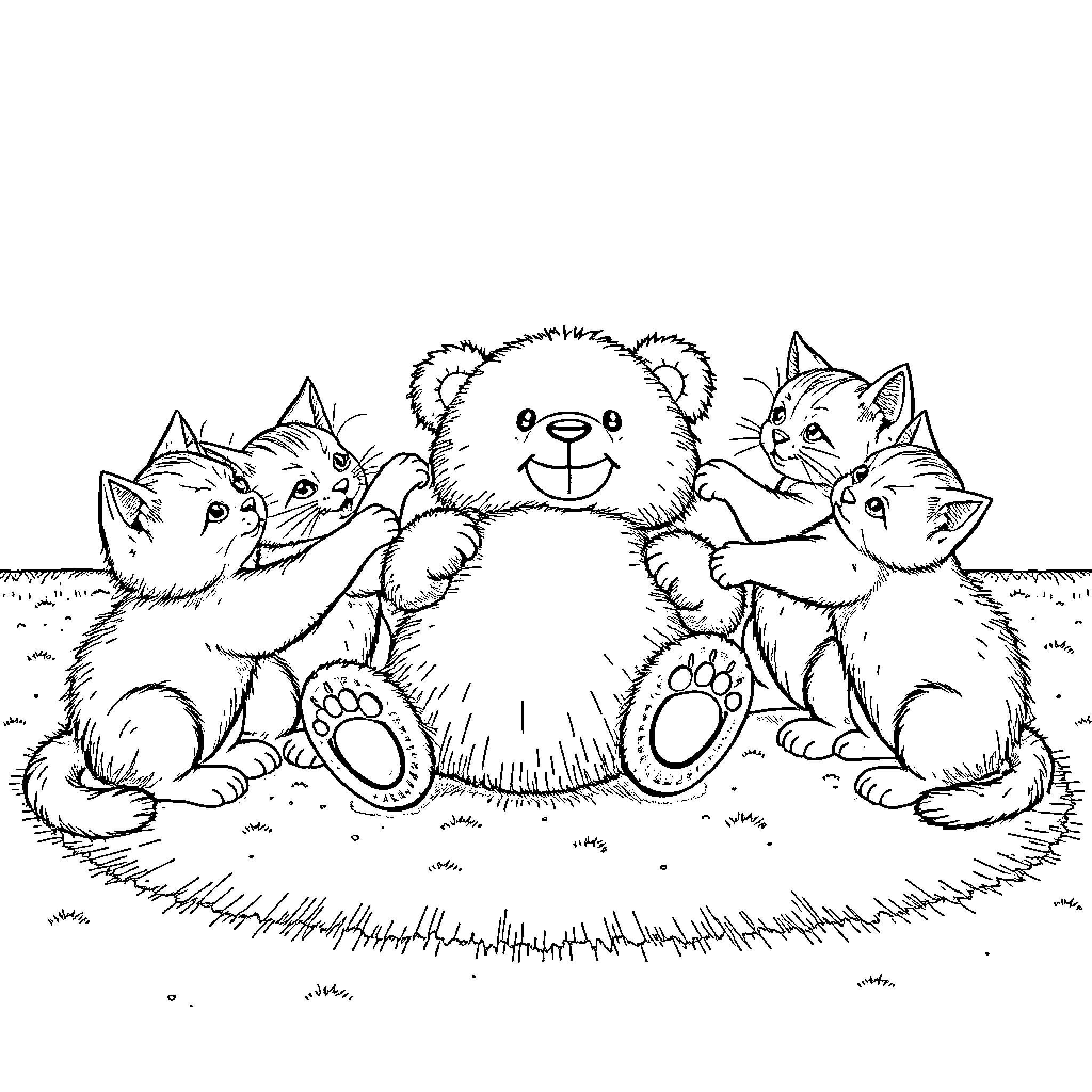 Cat and friends in a cozy scene Coloring Page (free black-and-white line drawing printable PDF for all, from beginners to advanced learners, including children, teens, adults, and seniors)