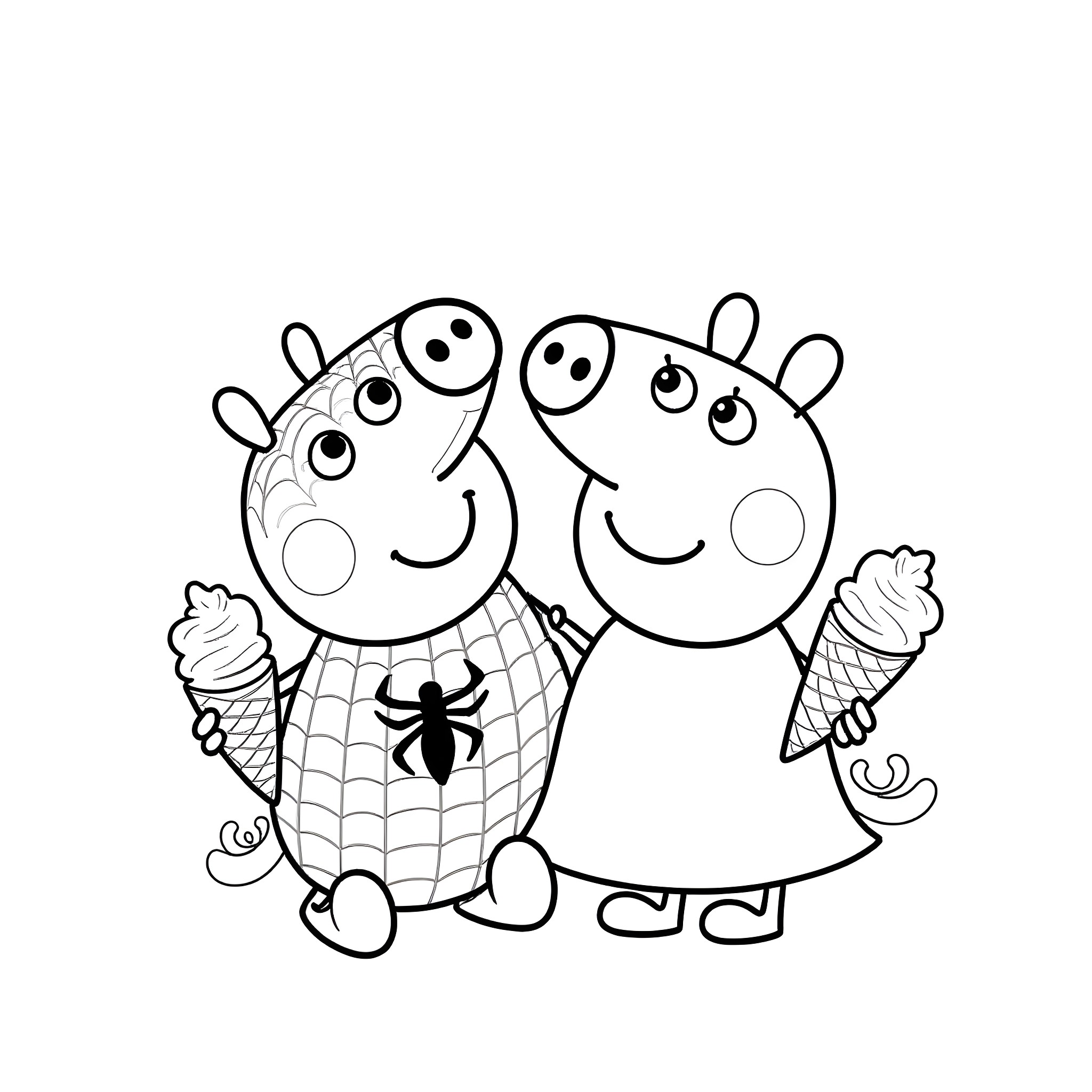 Spiderman siblings enjoying ice cream on a sunny day Coloring Page (free black-and-white line drawing printable PDF for all, from beginners to advanced learners, including children, teens, adults, and seniors)