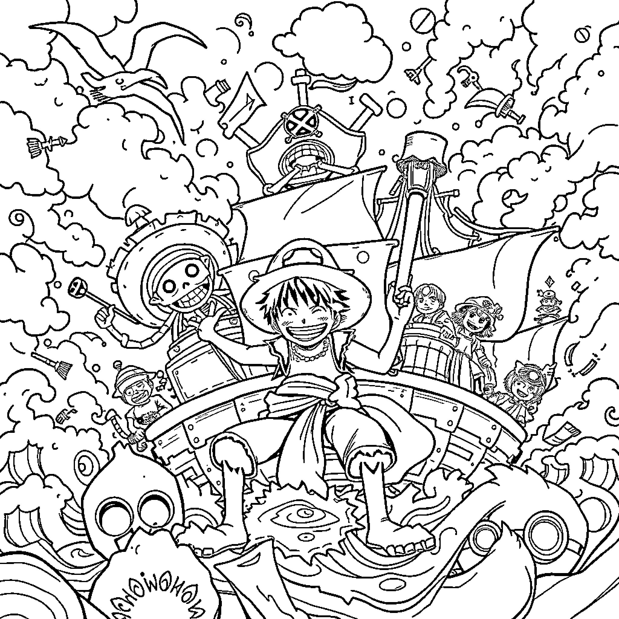 Anime characters on a whimsical and fantastical adventure Coloring Page (free black-and-white line drawing printable PDF for all, from beginners to advanced learners, including children, teens, adults, and seniors)