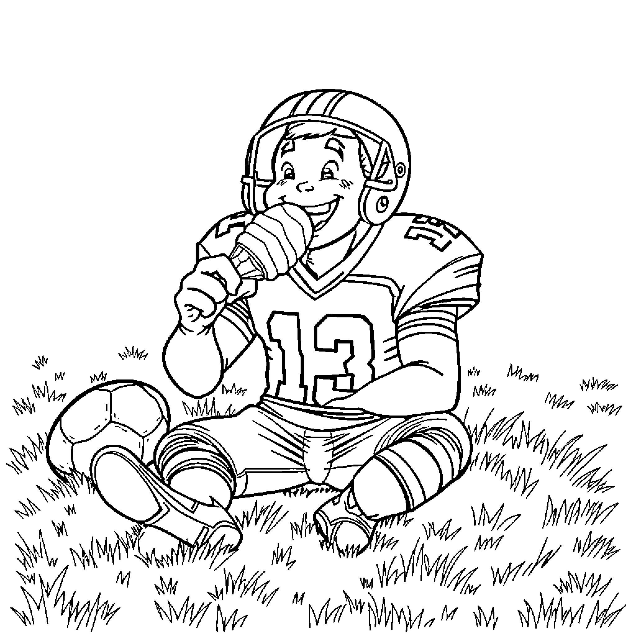 Football Player Enjoying the Game on the Field Coloring Page (free black-and-white line drawing printable PDF for all, from beginners to advanced learners, including children, teens, adults, and seniors)