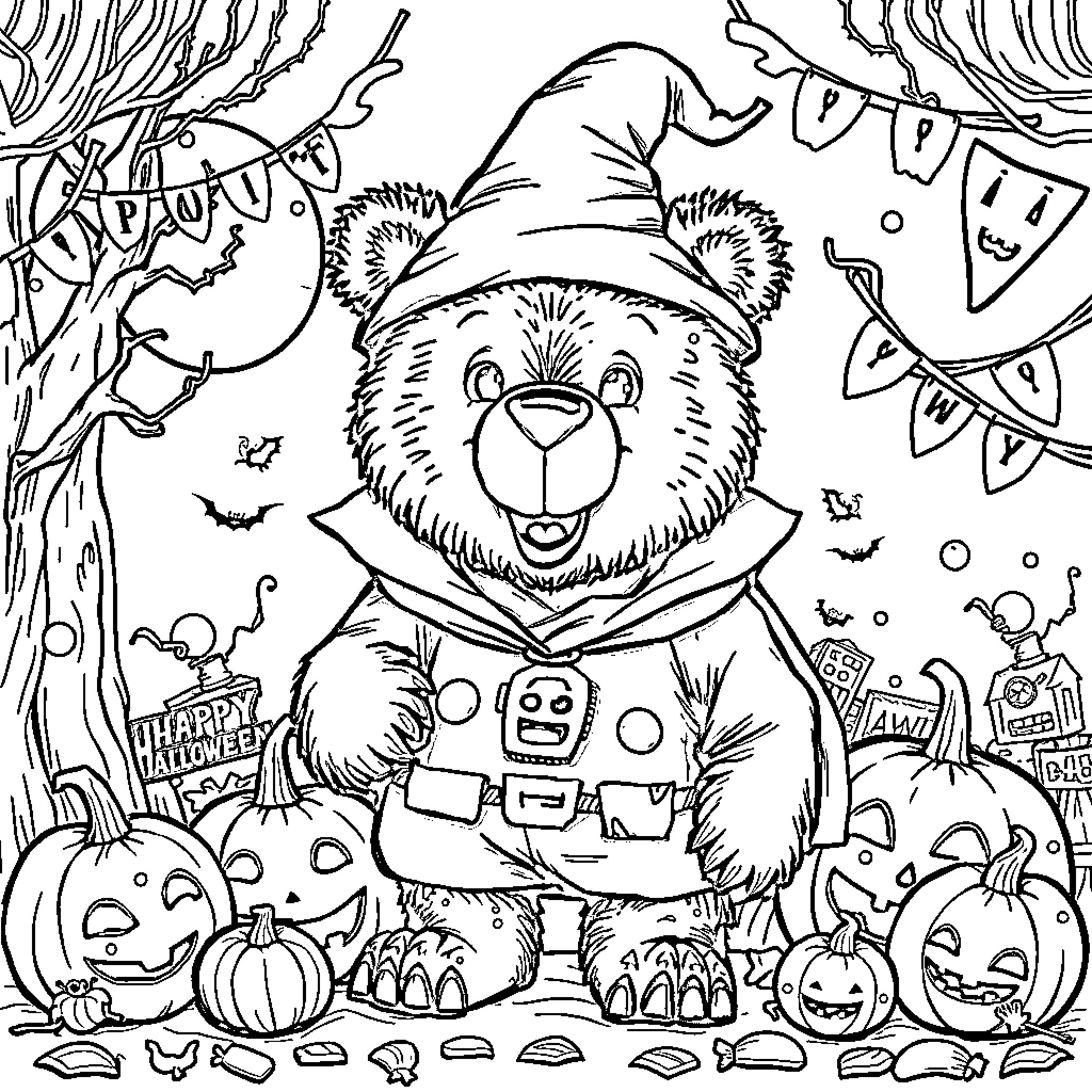 Bear in festive Halloween outfit among pumpkins and decor Coloring Page (free black-and-white line drawing printable PDF for all, from beginners to advanced learners, including children, teens, adults, and seniors)