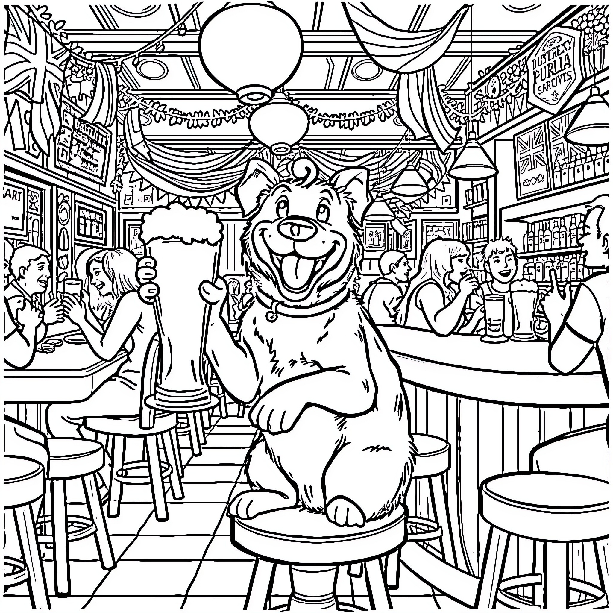 Dog sitting happily in a lively pub scene Coloring Page (free black-and-white line drawing printable PDF for all, from beginners to advanced learners, including children, teens, adults, and seniors)