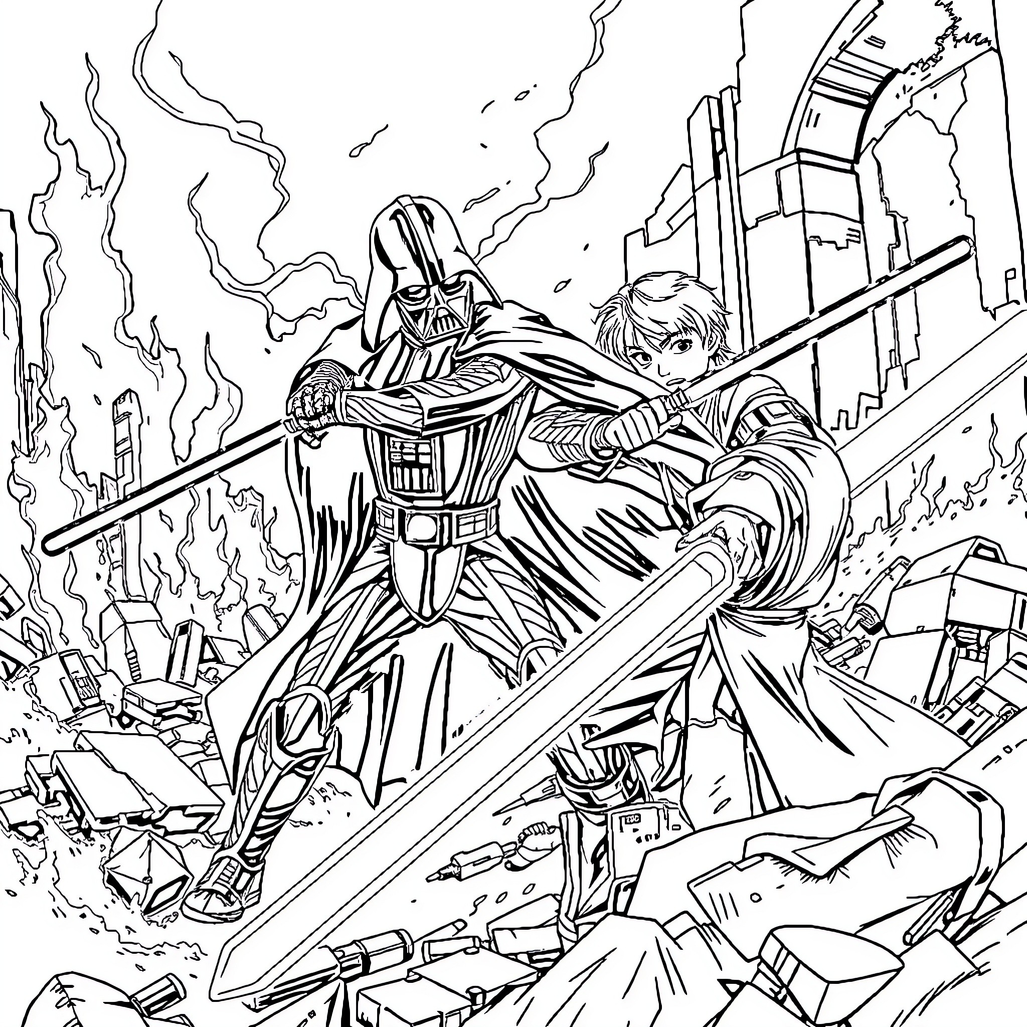 Darth Vader Battles Rebels in Destruction Coloring Page (free black-and-white line drawing printable PDF for all, from beginners to advanced learners, including children, teens, adults, and seniors)