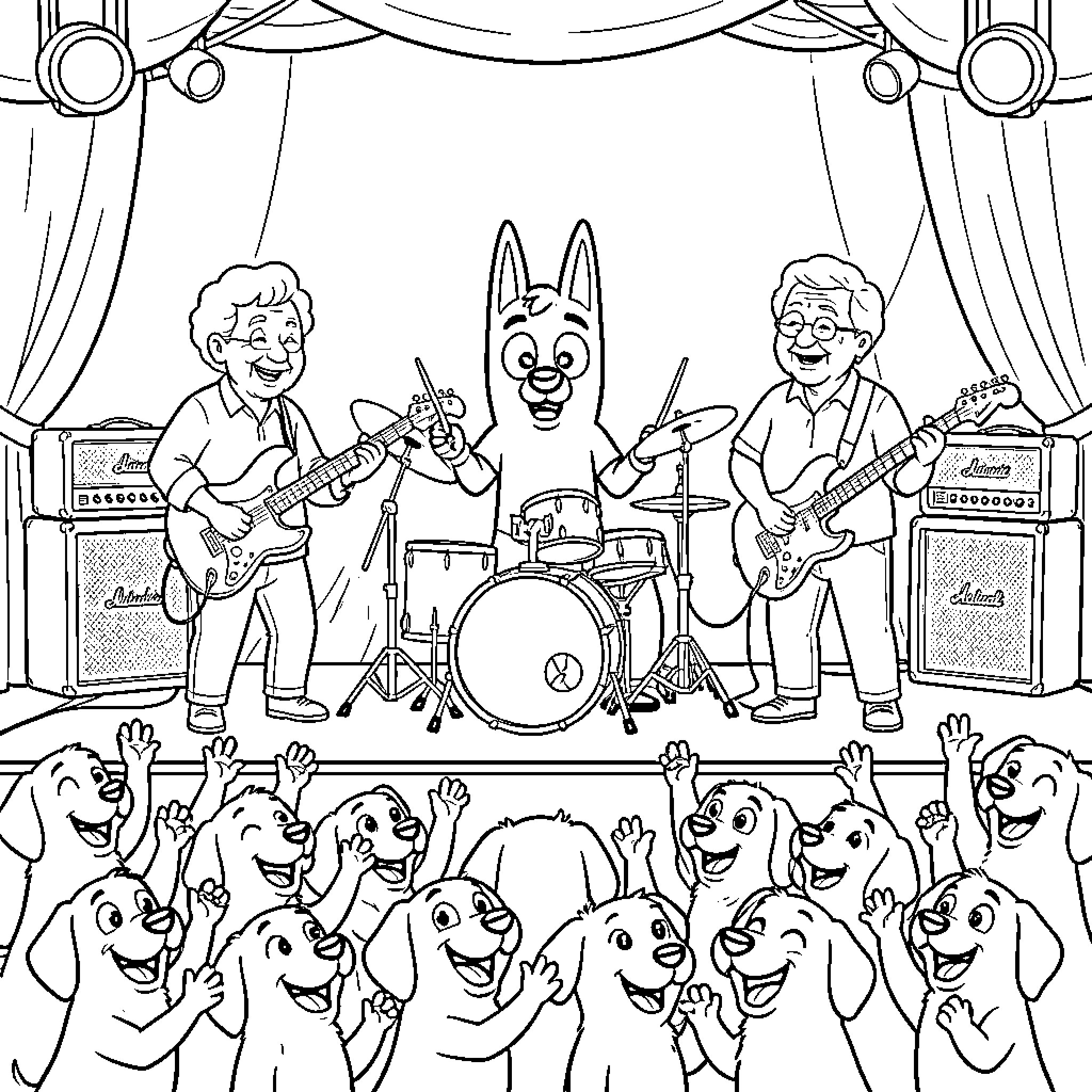 Bluey and the Band's Energetic Performance Coloring Page (free black-and-white line drawing printable PDF for all, from beginners to advanced learners, including children, teens, adults, and seniors)