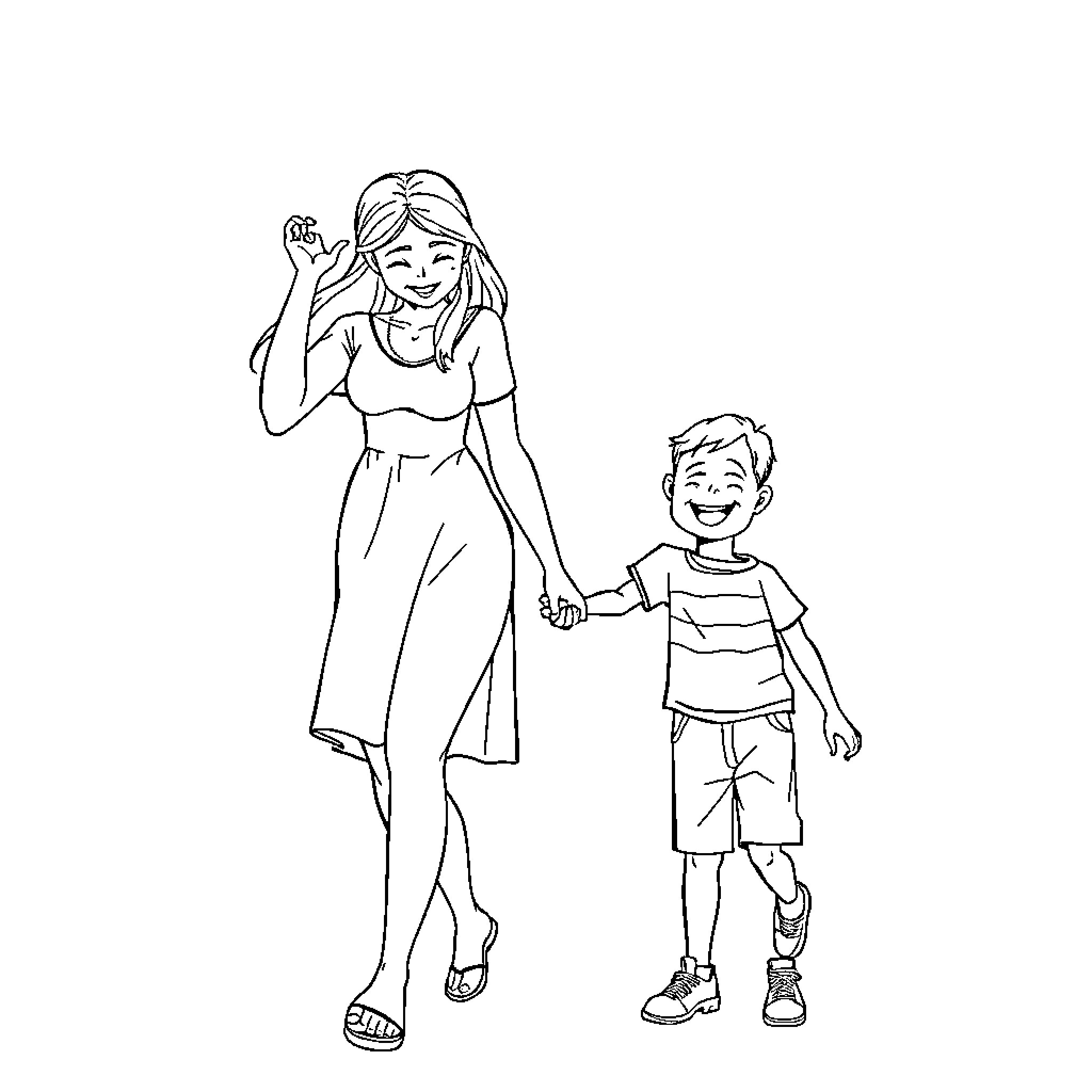 Mom and child enjoying playful moment together Coloring Page (free black-and-white line drawing printable PDF for all, from beginners to advanced learners, including children, teens, adults, and seniors)