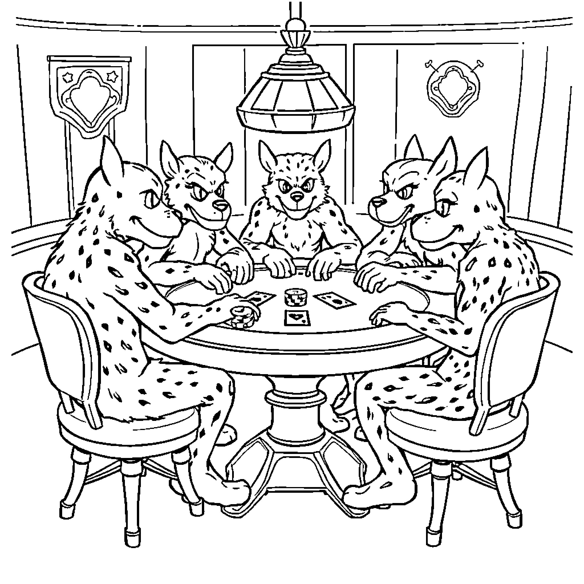 Cay Hyenas Playing Cards in Opulent Room Coloring Page (free black-and-white line drawing printable PDF for all, from beginners to advanced learners, including children, teens, adults, and seniors)