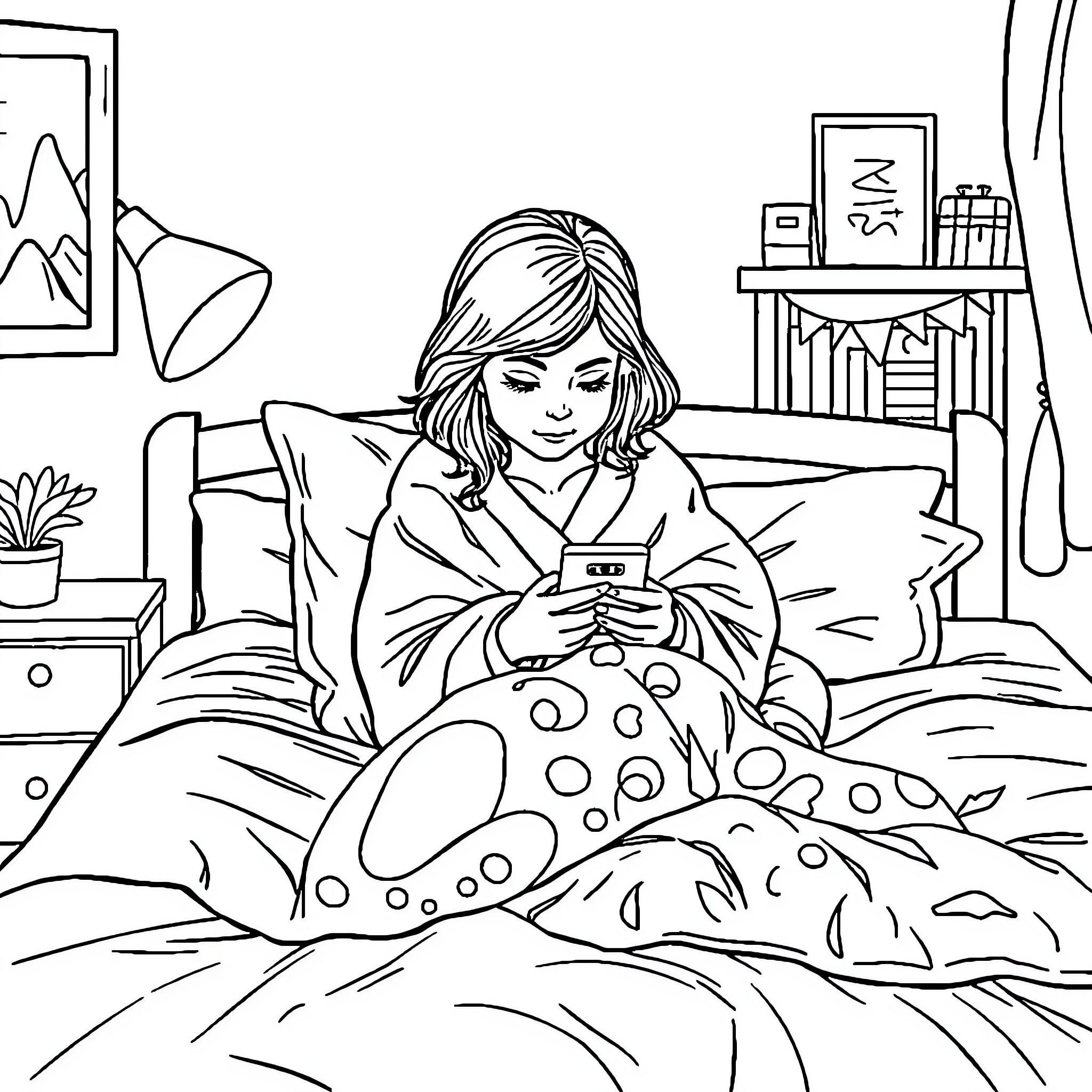 Girl relaxing and using mobile phone on bed Coloring Page (free black-and-white line drawing printable PDF for all, from beginners to advanced learners, including children, teens, adults, and seniors)