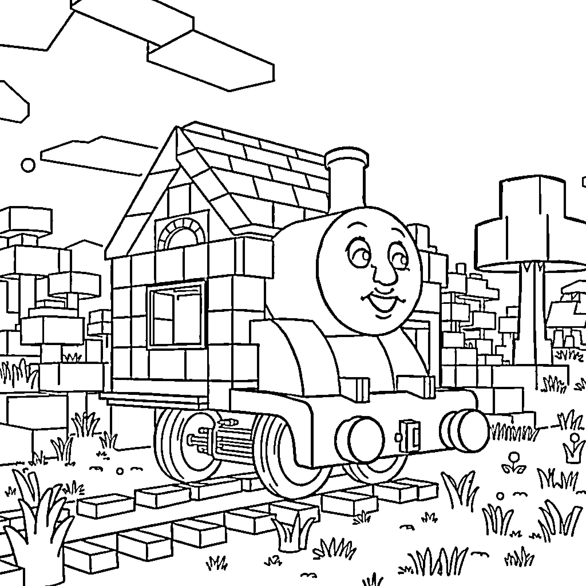 Thomas and the Friendly Train in the Countryside Coloring Page (free black-and-white line drawing printable PDF for all, from beginners to advanced learners, including children, teens, adults, and seniors)